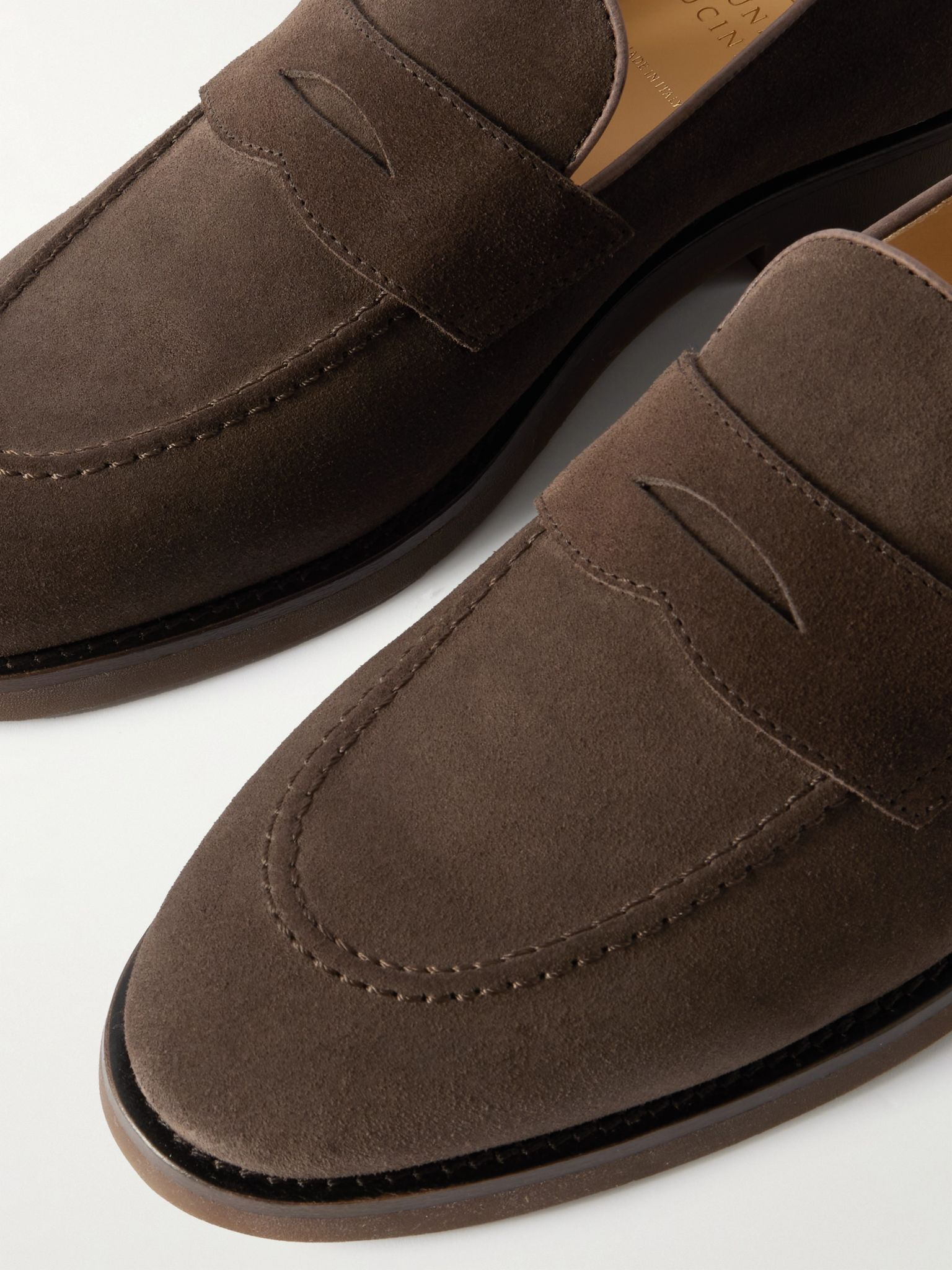 Leather-Trimmed Suede Penny Loafers Dark brown - 5