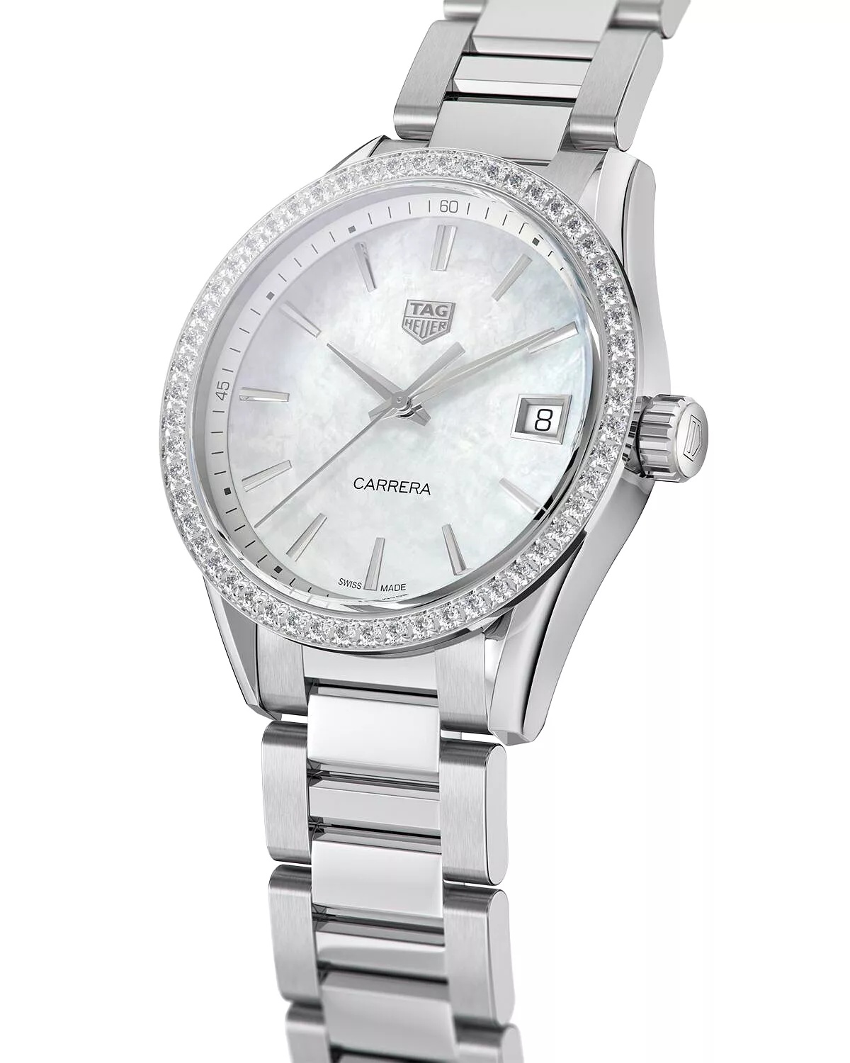 Carrera Stainless Steel and White Mother of Pearl Dial Watch with Diamond Bezel Case, 36mm - 3