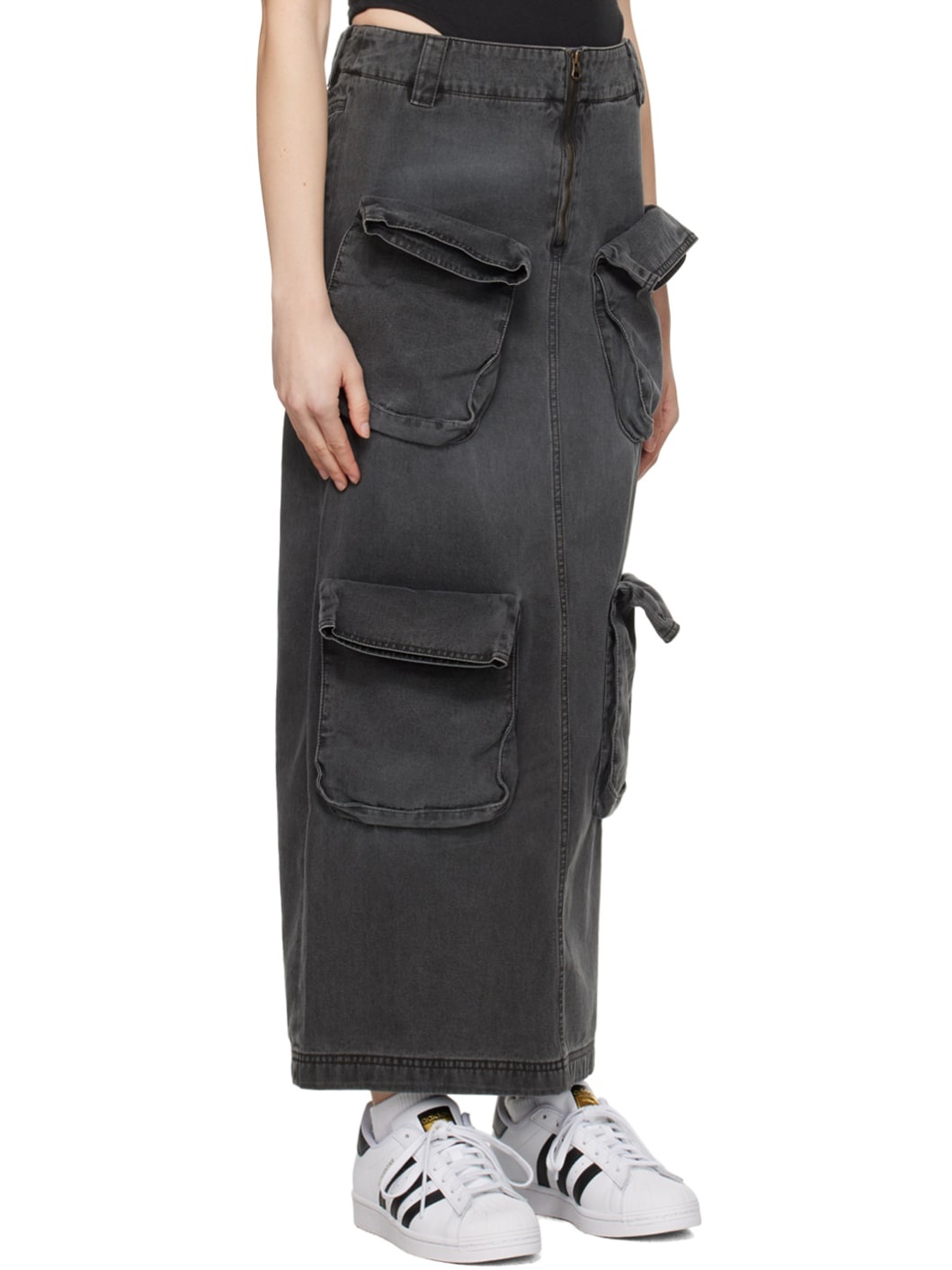 OPEN YY Black Cargo Denim Maxi Skirt | REVERSIBLE