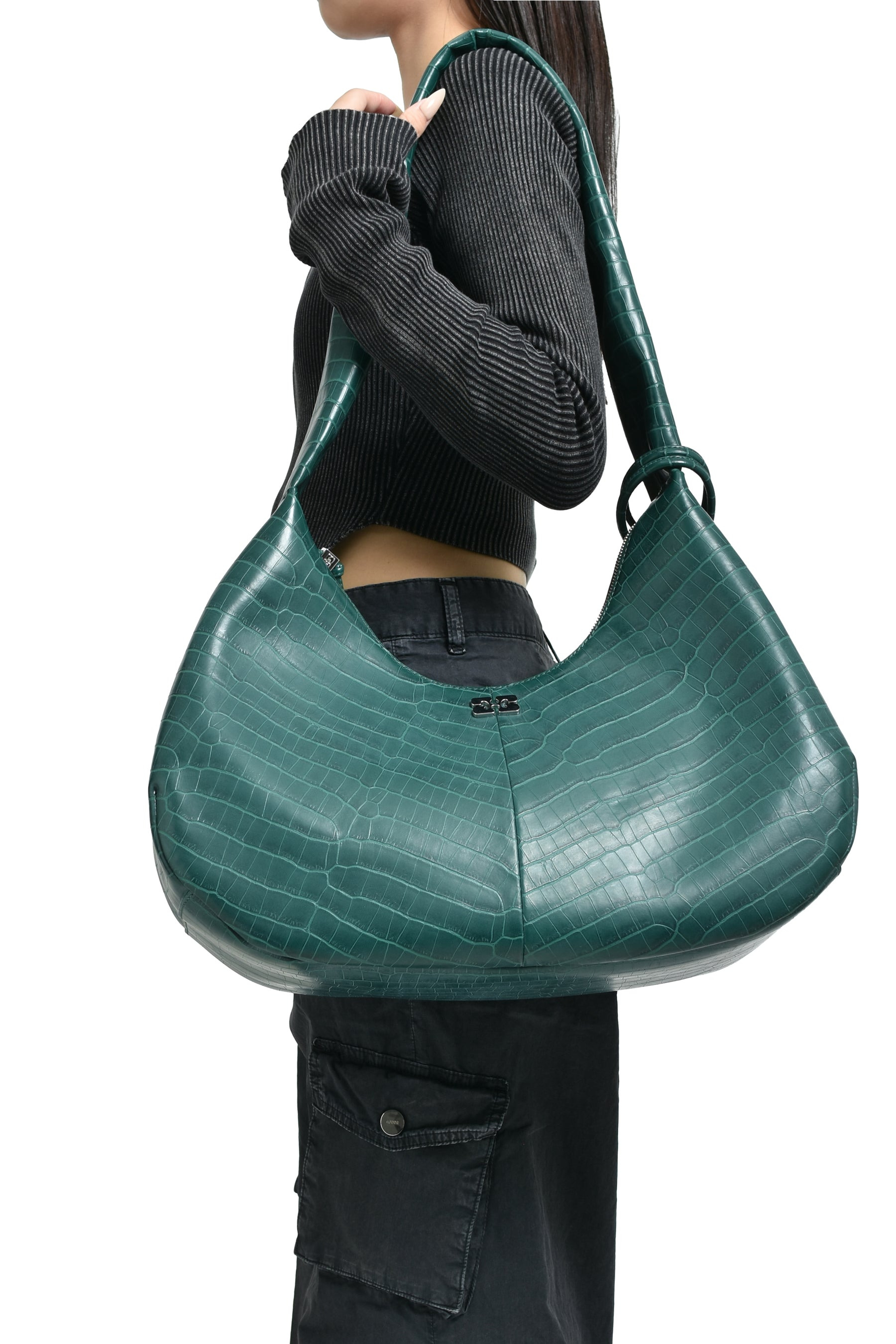 GANNI BOU BAG HOBO MEDIUM CROCO / PINENEEDLE - 2