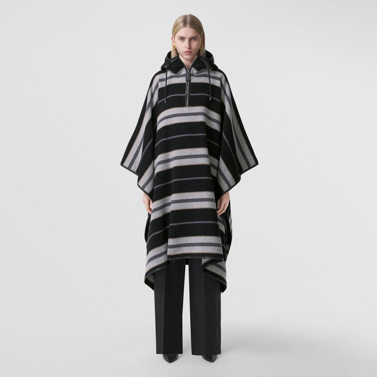 Stripe Wool Oversized Hooded Poncho - 1