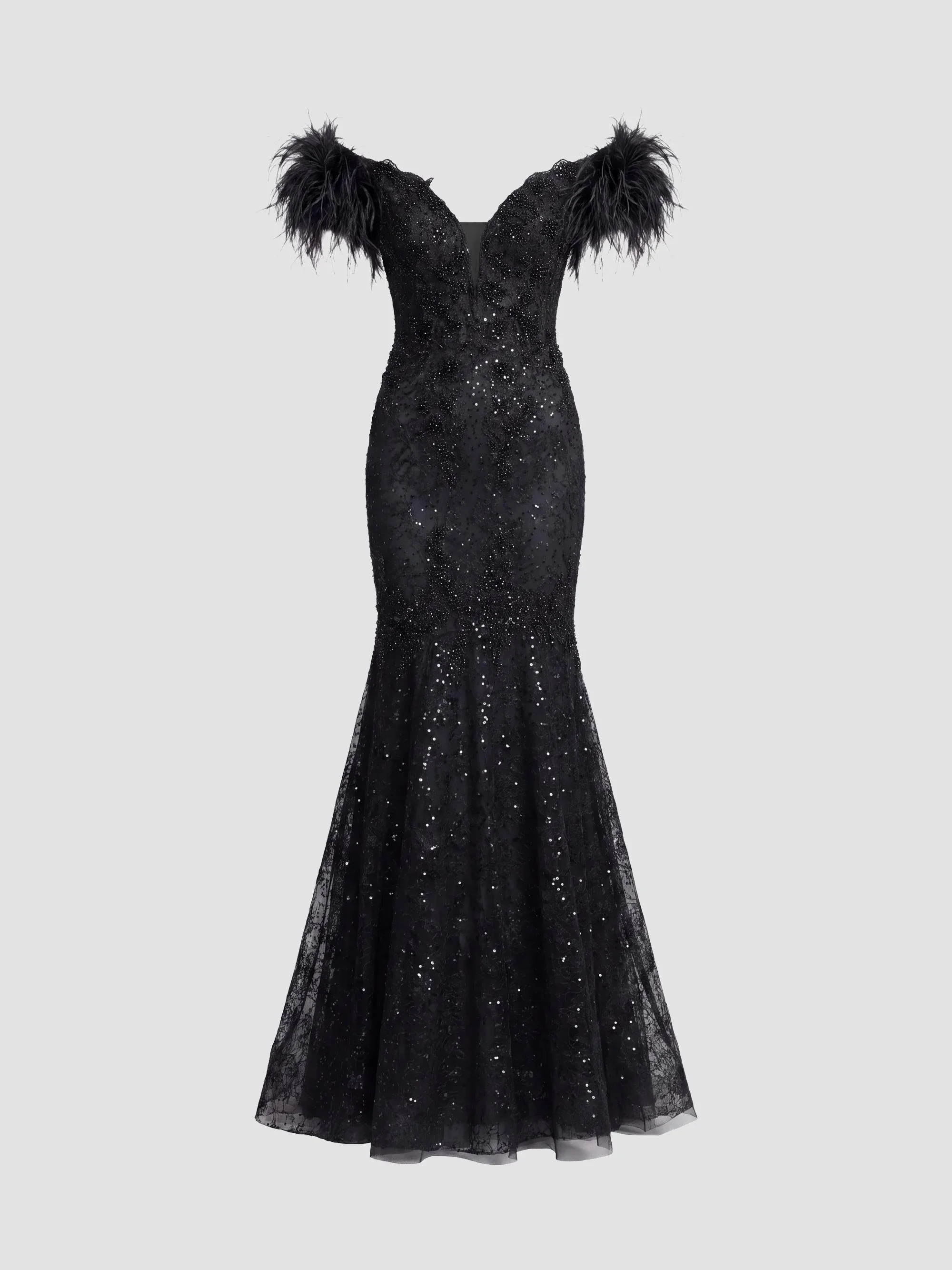 Women's Sequin-Embellished Feather-Sleeve Trumpet Gown - Black - 1