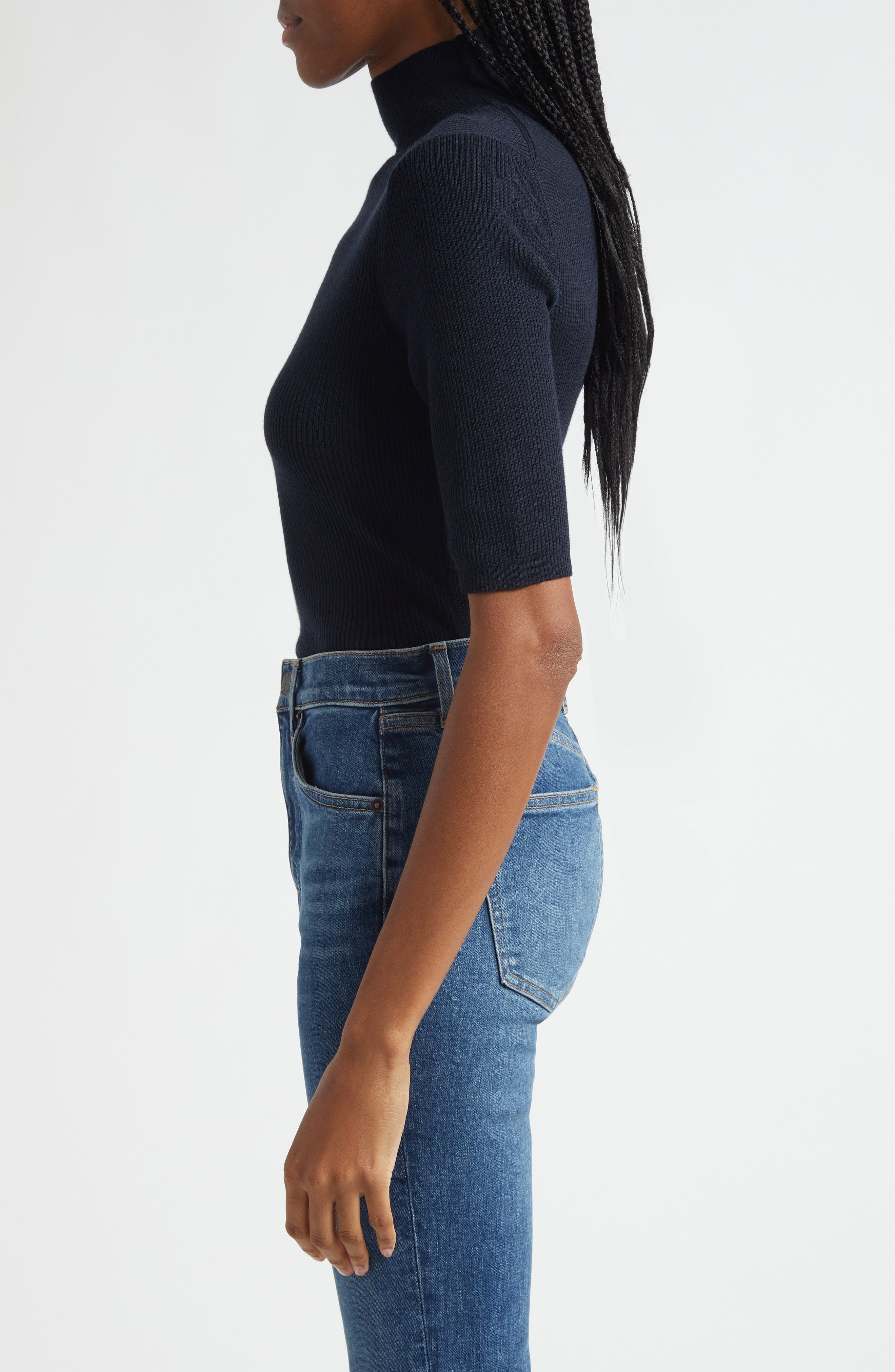 Veronica Beard Alastair Rib Short Sleeve Merino Wool Sweater in Navy at Nordstrom - 3