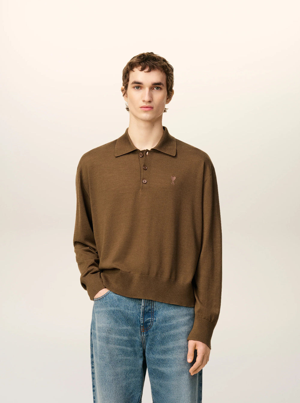 Ami Paris Men Brown Polo Shirt With Classic Collar And Logo Embroidery On The Front In Wool And Silk - 4