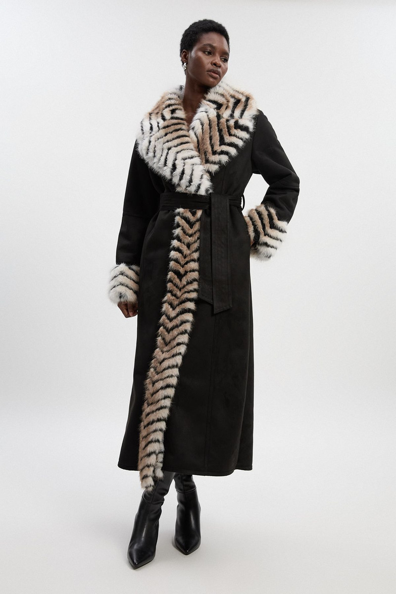 Faux Shearling Contrast Collar & Cuff Belted Maxi Coat 1