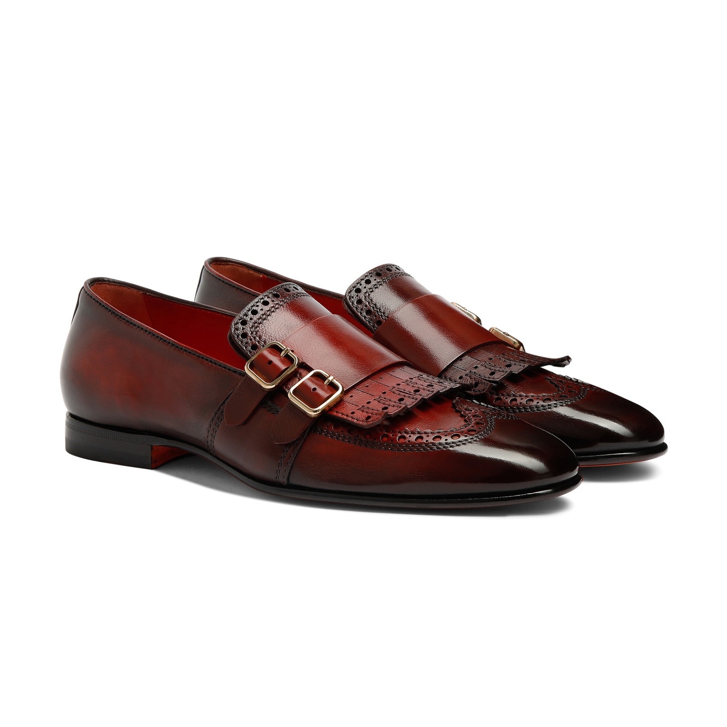 Men's red leather double-buckle loafer with fringe - 3