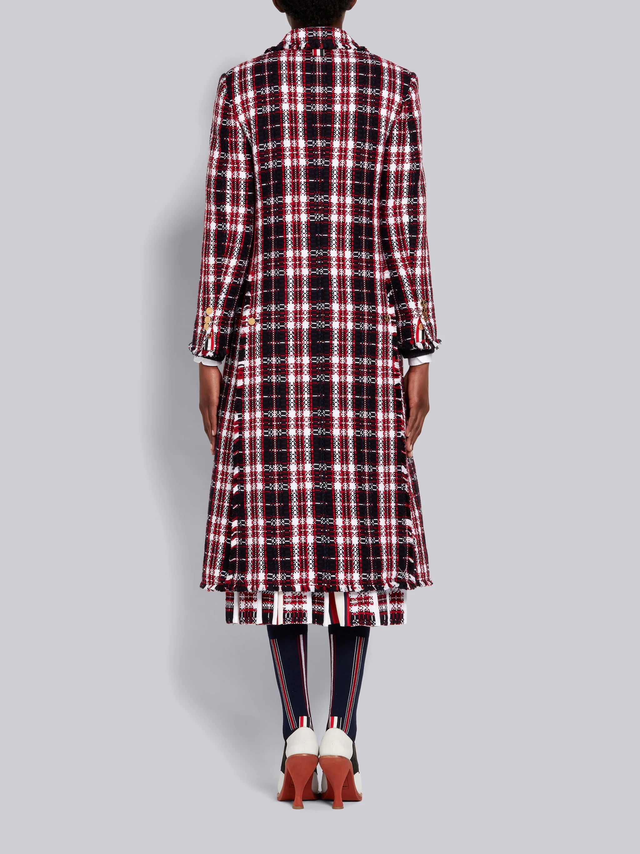 Multicolor Tartan Check Tweed Frayed Wide Lapel Overcoat - 3