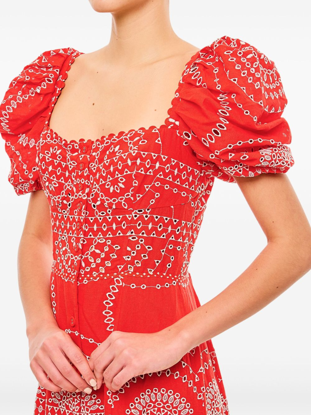 puff-sleeve embroidered midi dress - 4