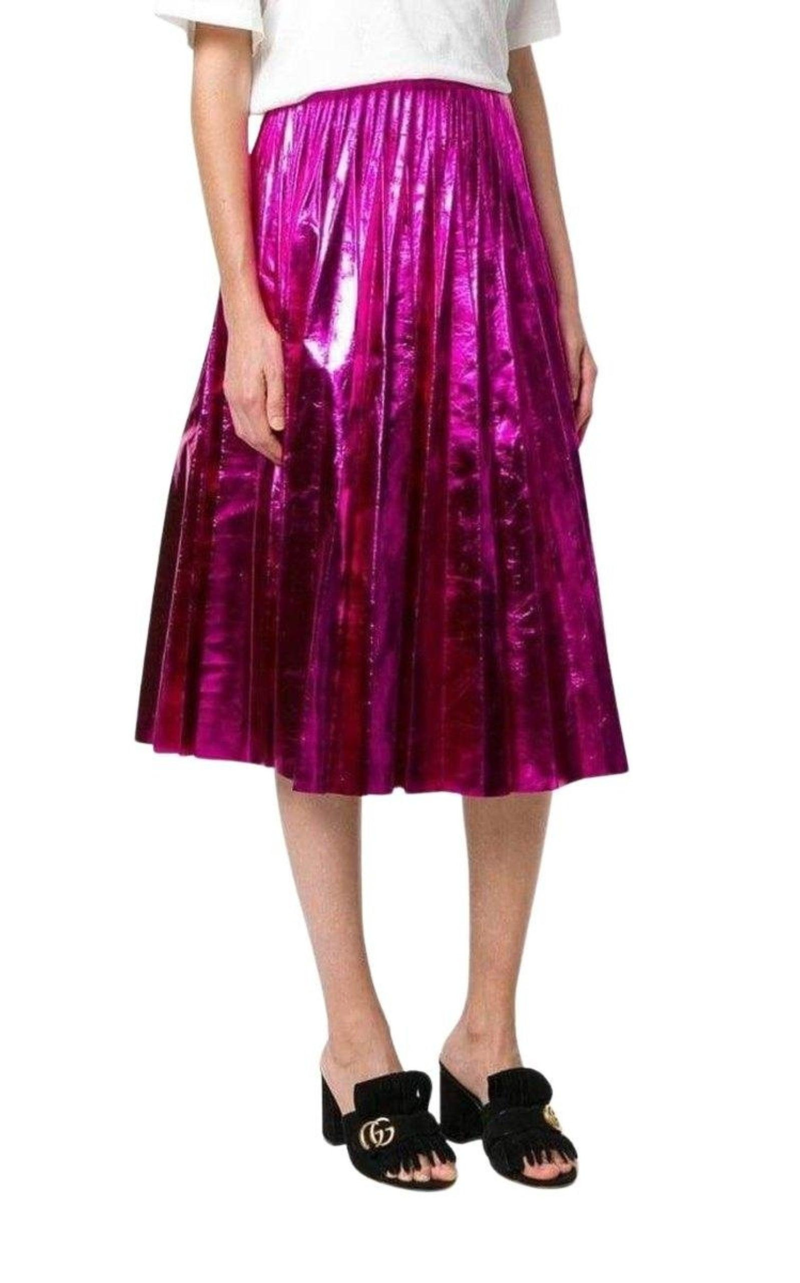 Pleated Metallic Leather Midi Skirt - 3
