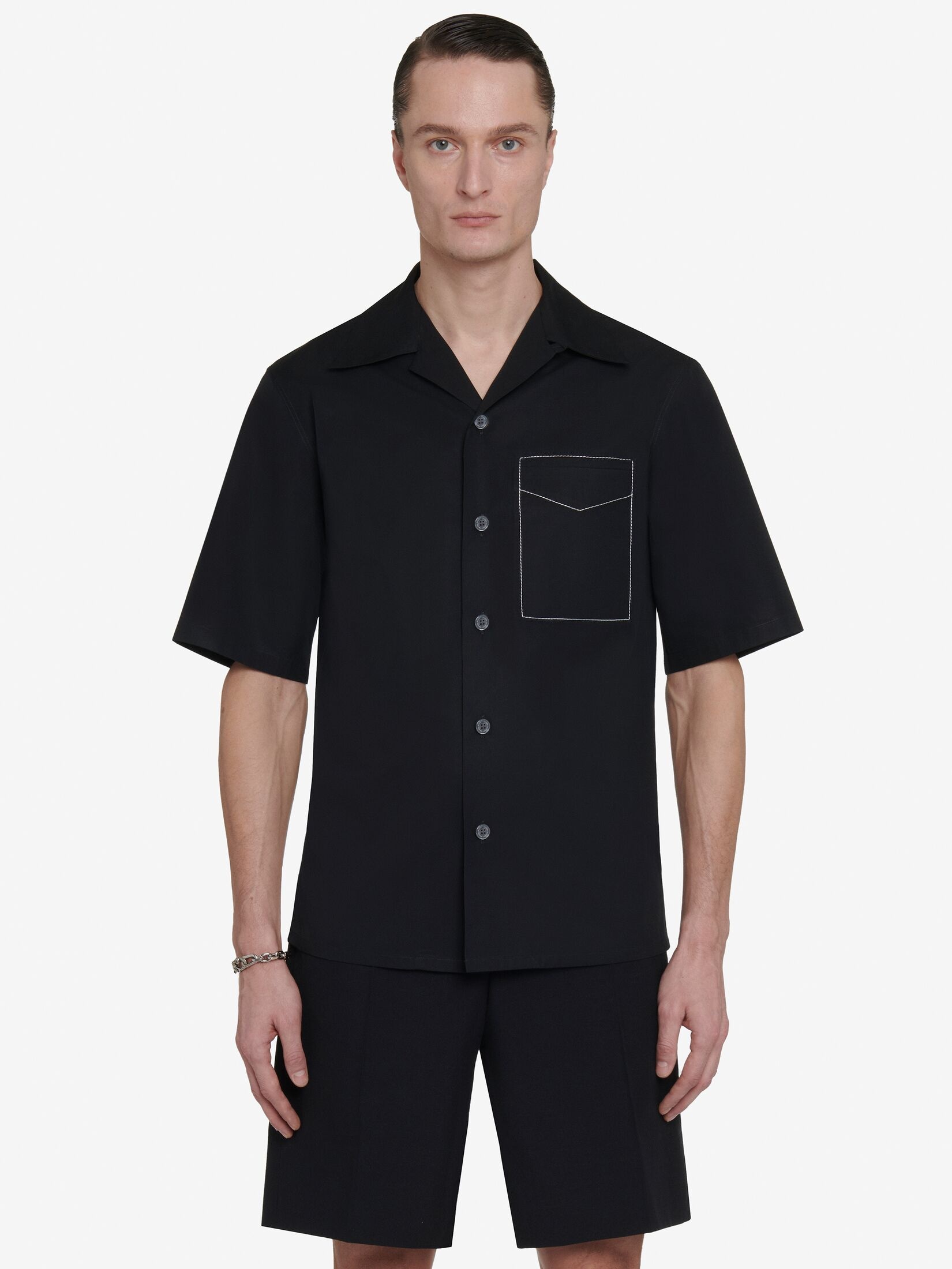 Men's Contrast Stitch Hawaiian Shirt in Black - 5