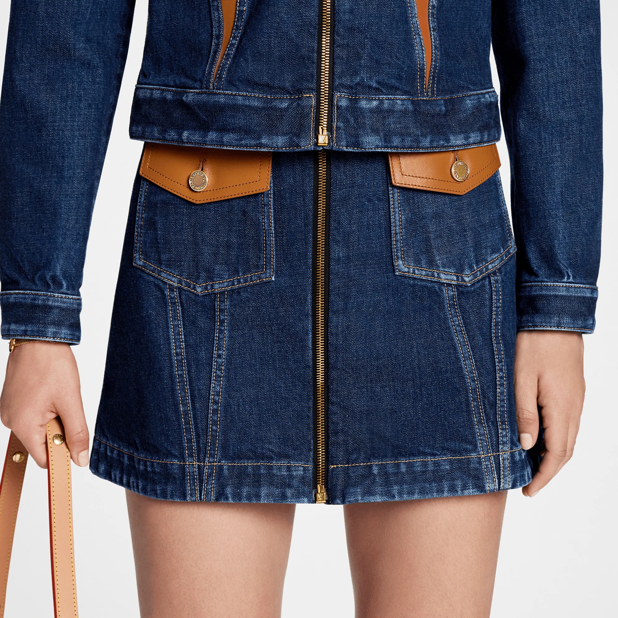 Leather Accent Denim Mini Skirt - 2
