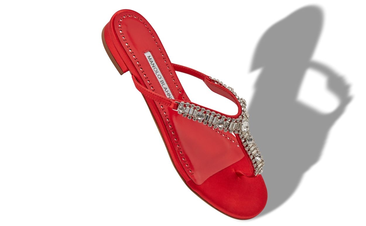 Red Satin Jewel Embellished Flat Sandals - 2