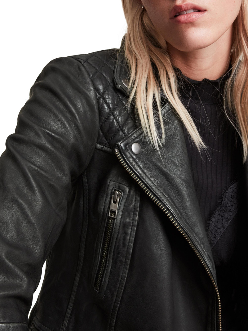 Women's Cargo Leather Biker Jacket - Black Grey 6