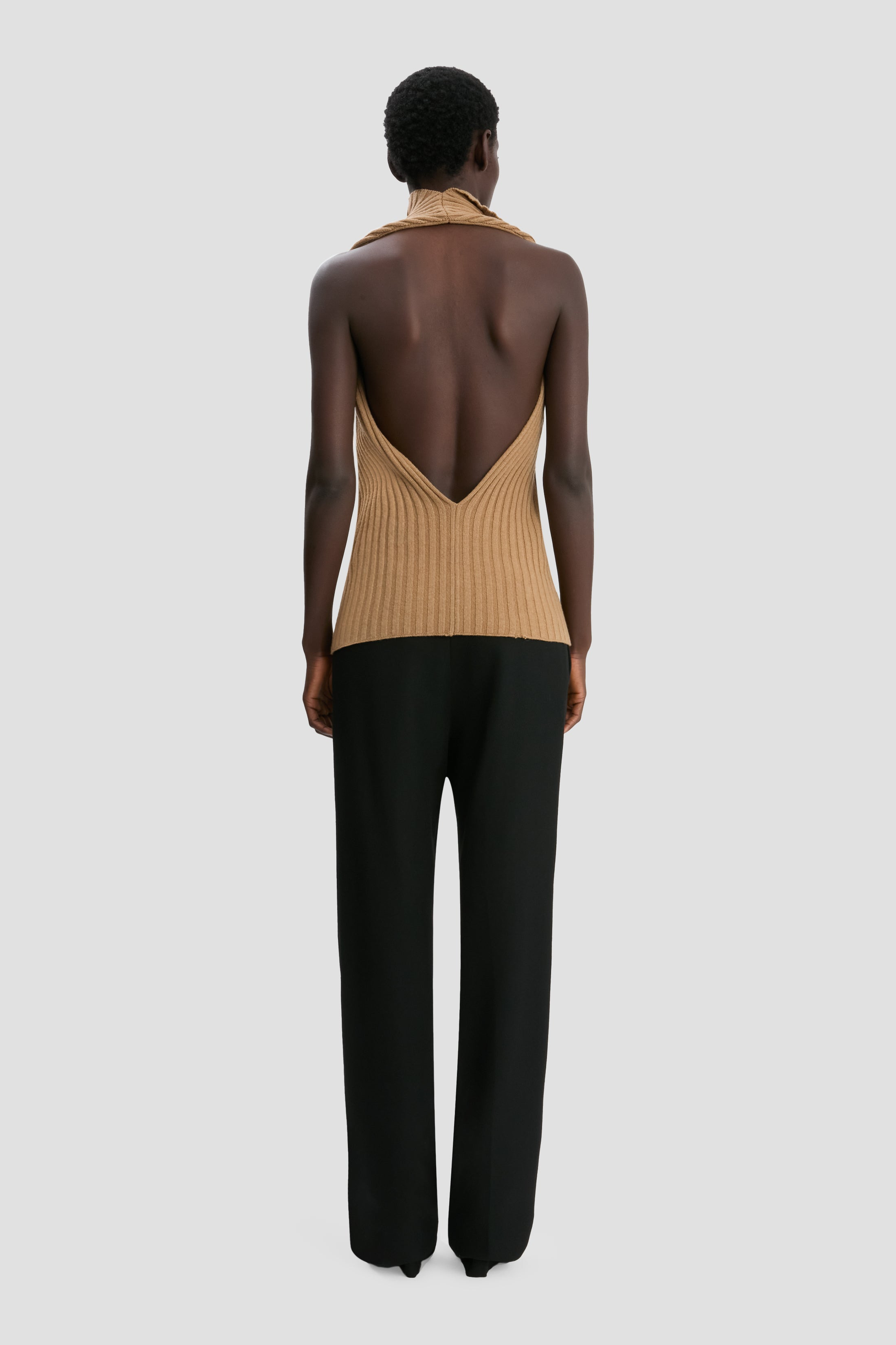 Draped Sleeveless Rib Top In Dark Camel - 4