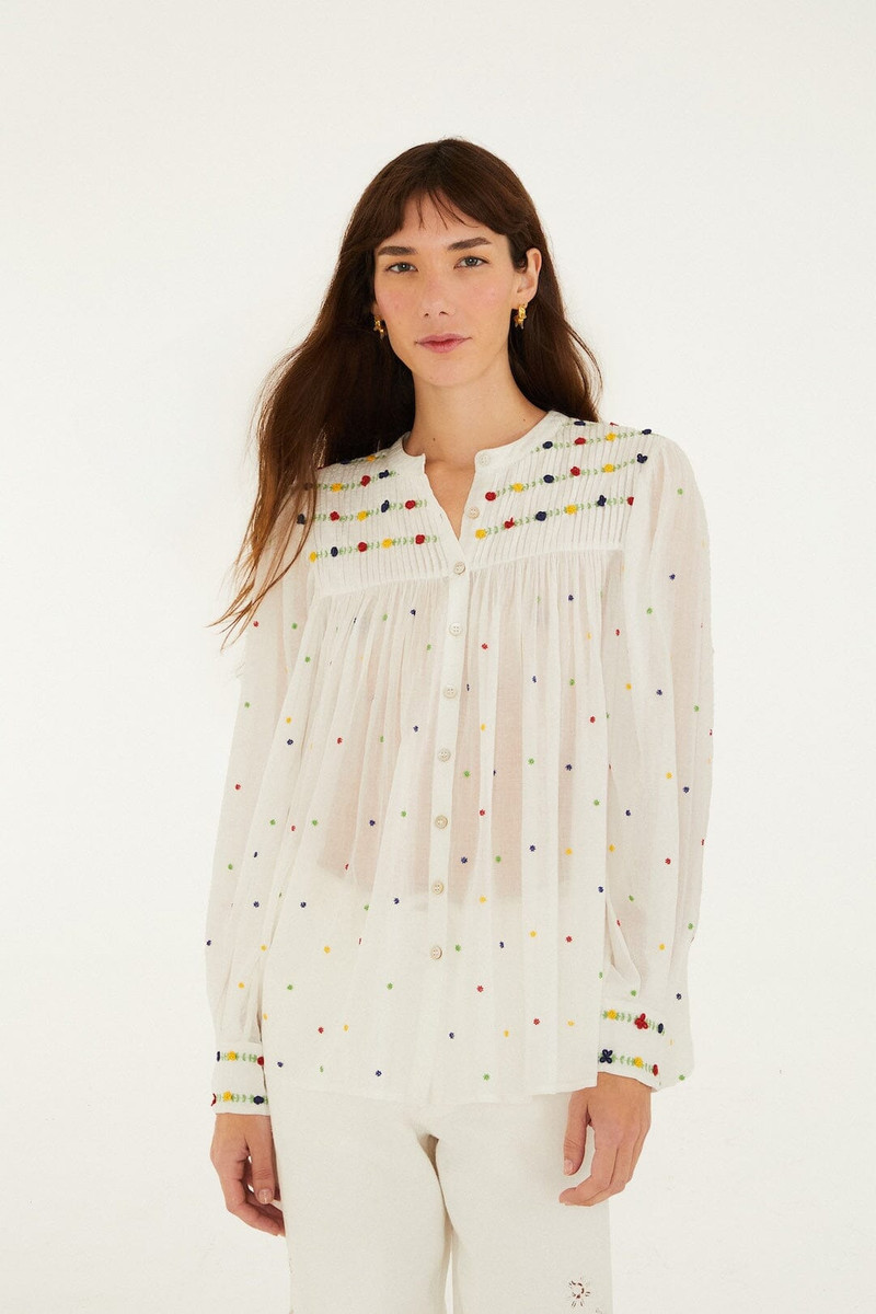 Off-White Embroidered Beads Organic Cotton Long Sleeve Blouse 1