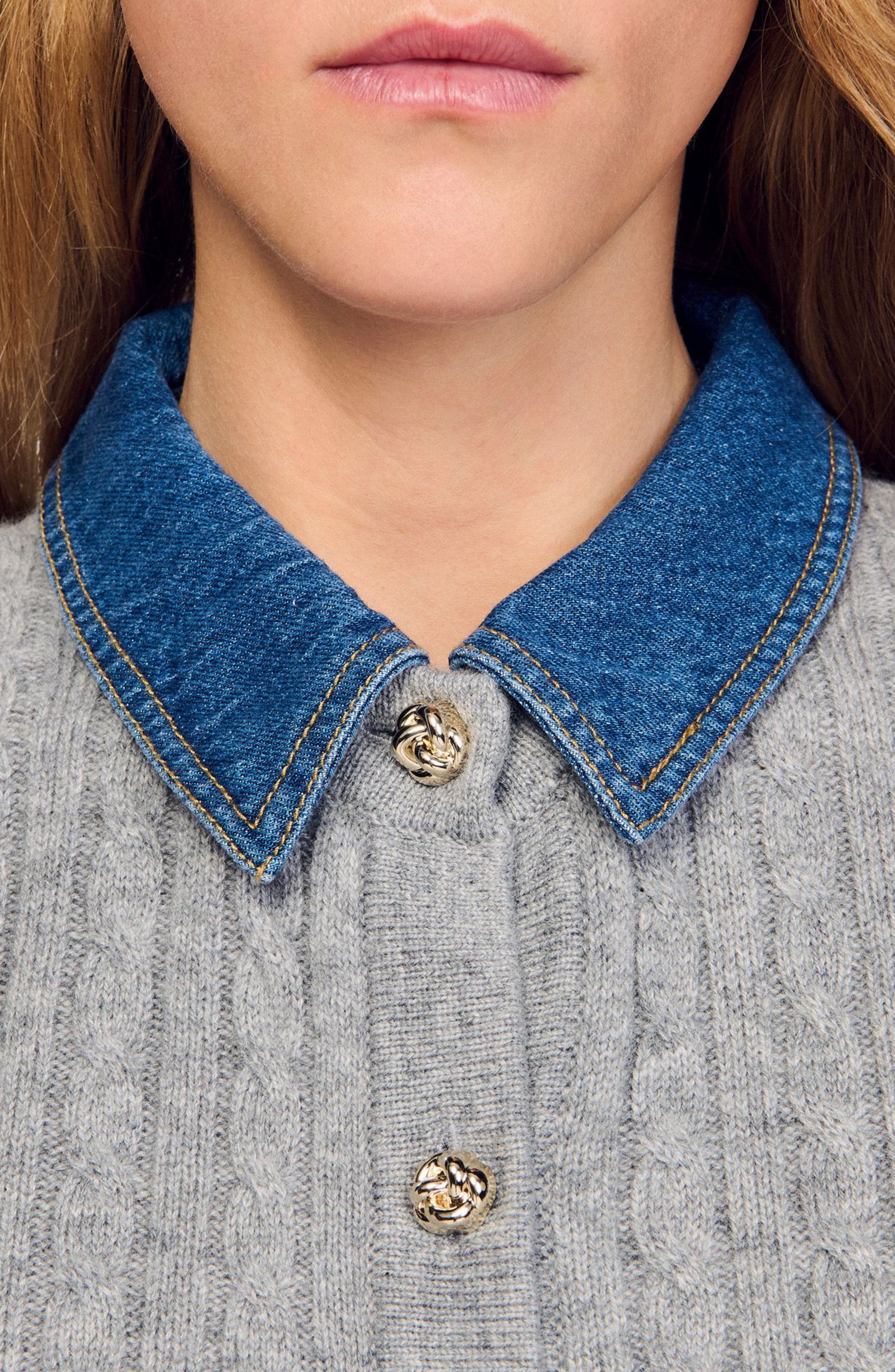 SANDRO Cardigan with denim collar in Grey at Nordstrom - 5