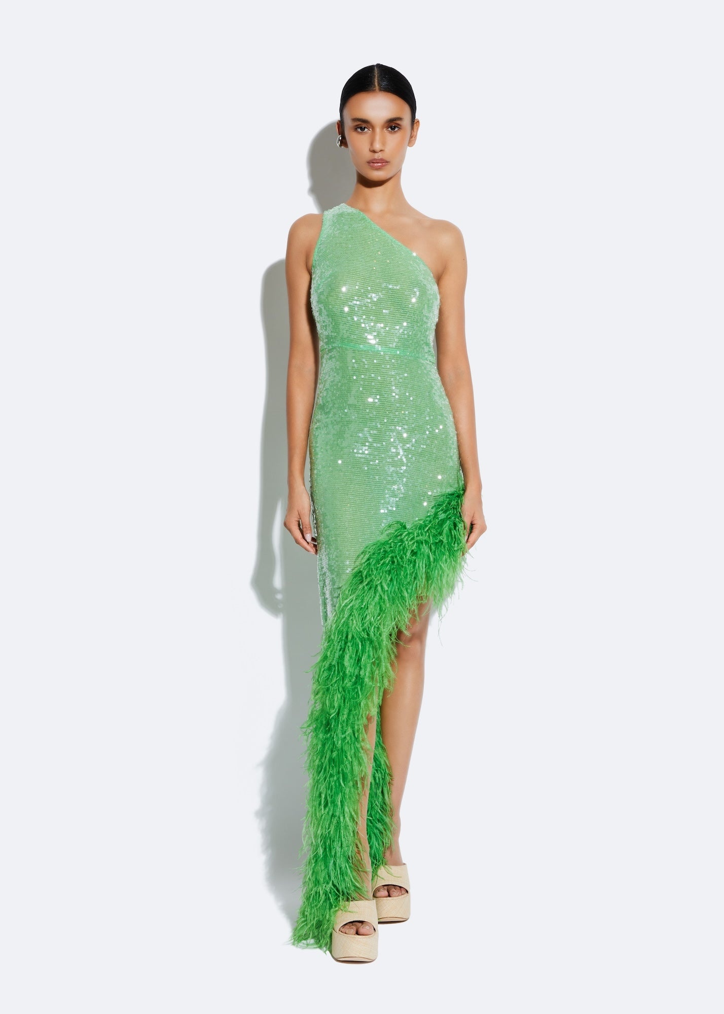 Sequin Sleeveless One Shoulder Dress With Feathers - 2
