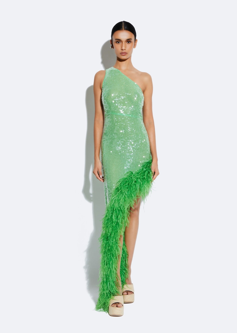 LAPOINTE Sequin Sleeveless One Shoulder Dress With Feathers outlook