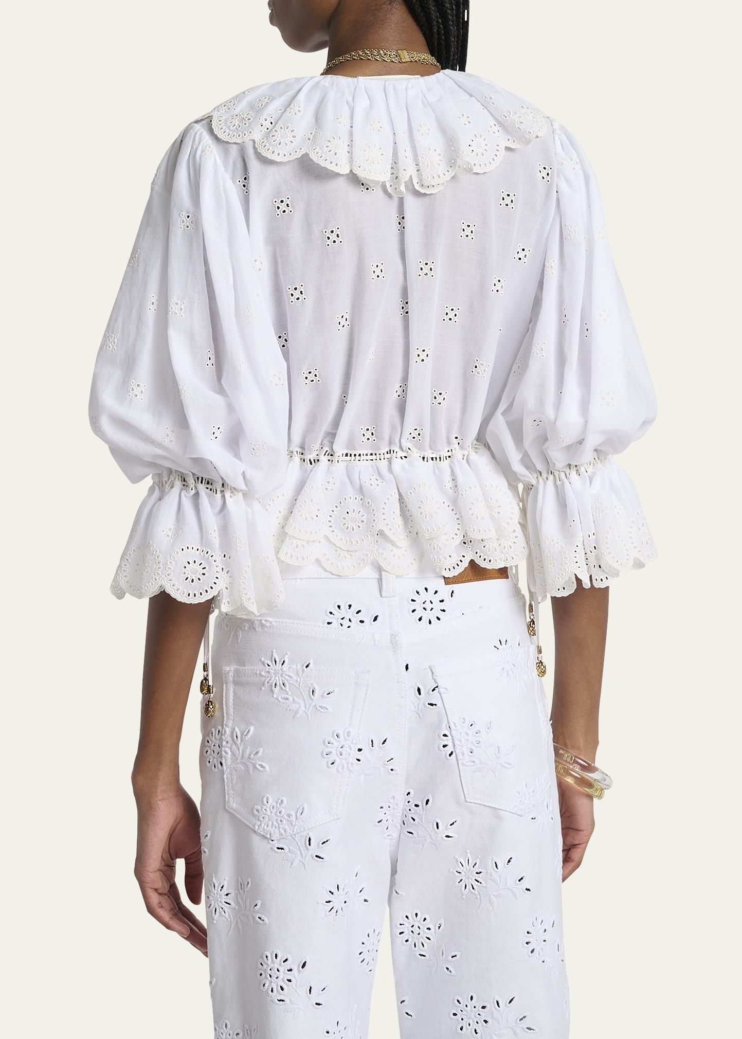 Eyelet Cotton Ruffle Crop Peasant Blouse - 3