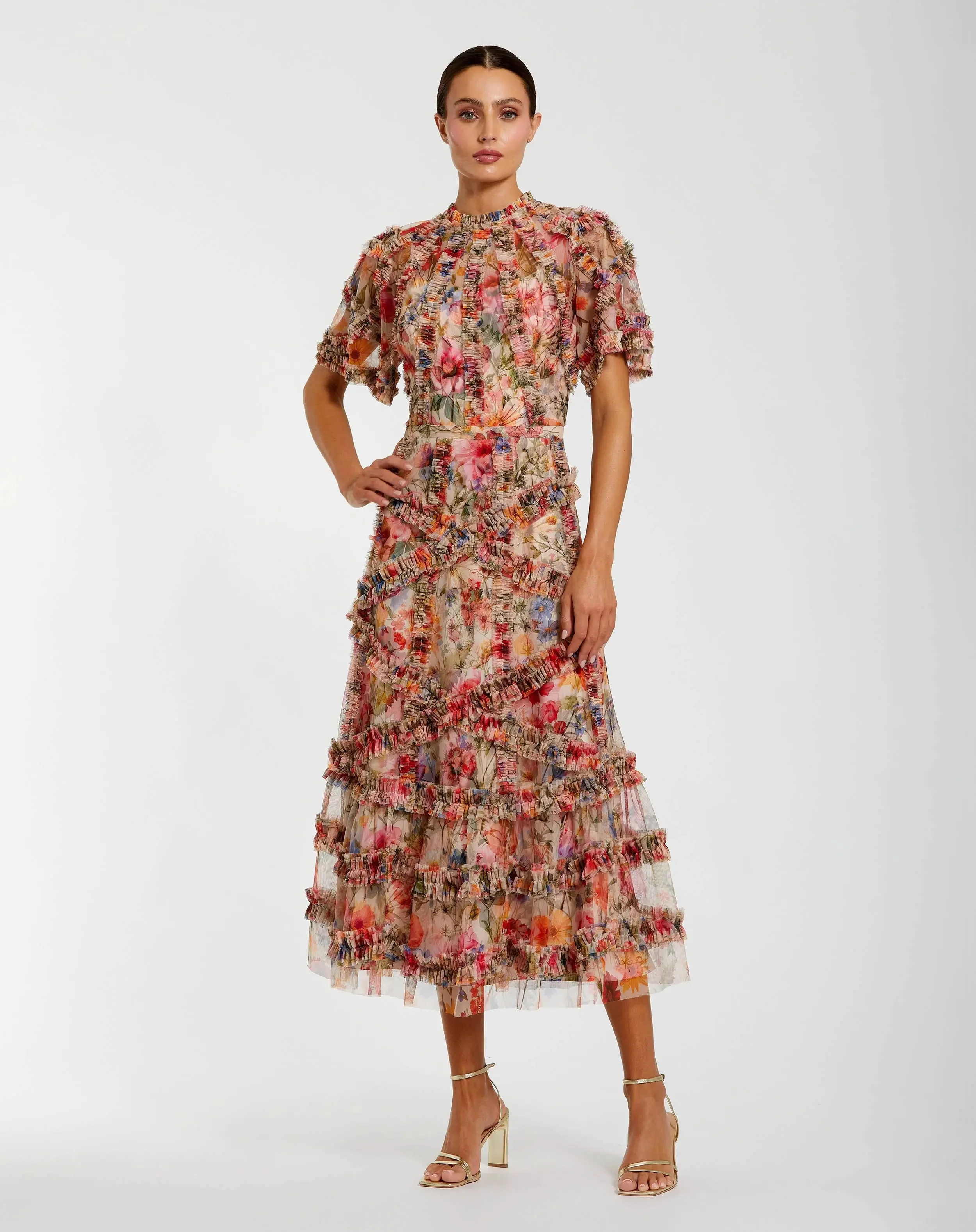 Cream Multi Floral Midi Dress with Ruffle Detailing - 1