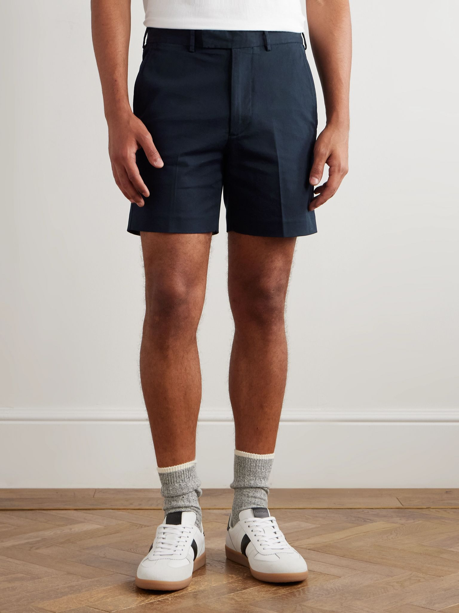 Straight-Leg Pleated Stretch-Cotton Twill Shorts Navy - 3