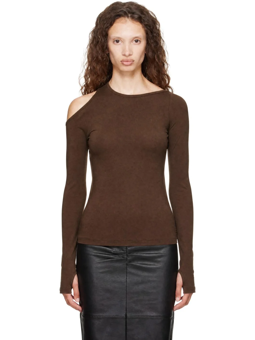 Brown Asymmetric Long-Sleeve Top - 1