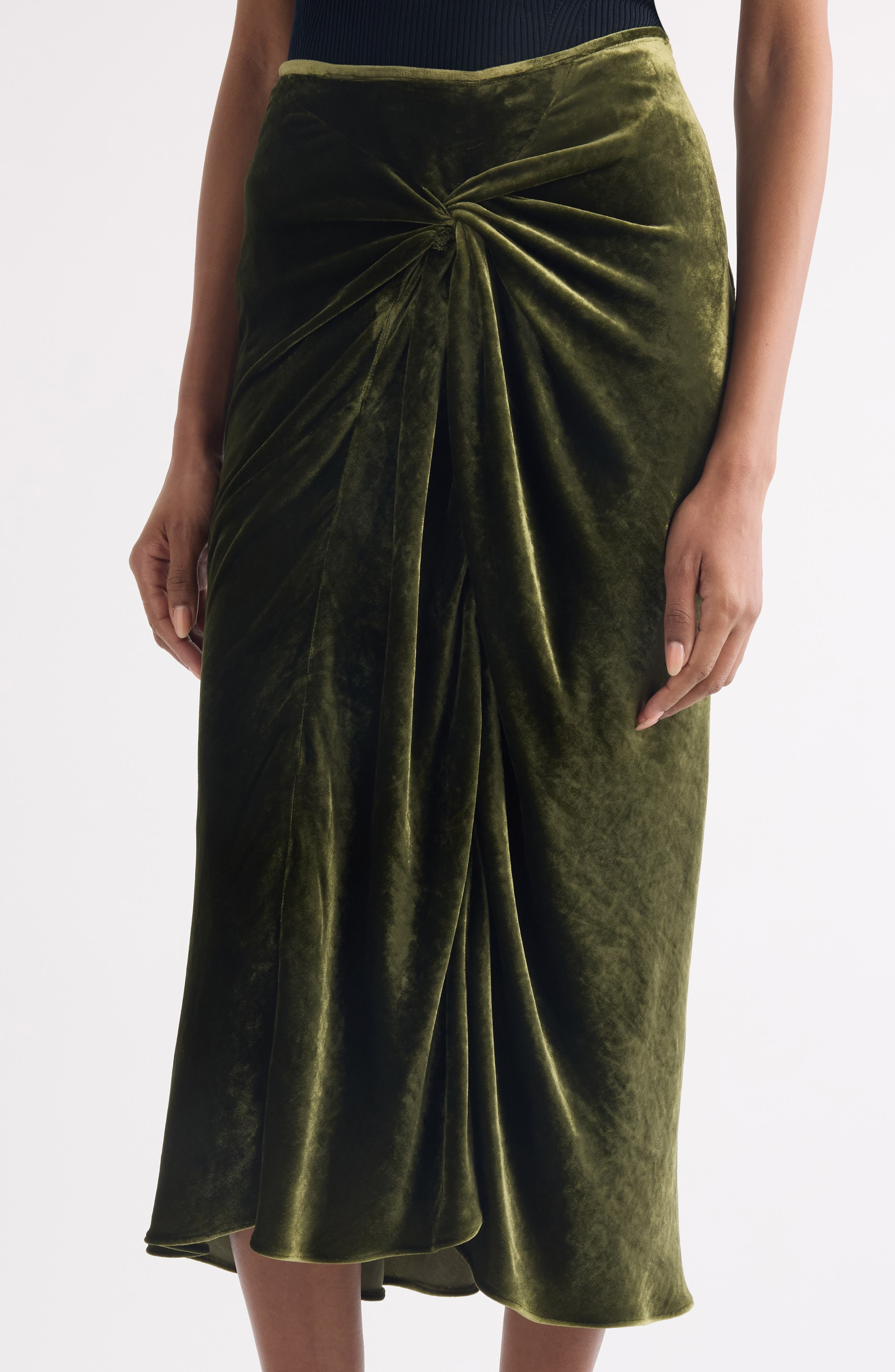 Dries Van Noten Smila Twist Front Velvet Midi Skirt in Khaki at Nordstrom - 5