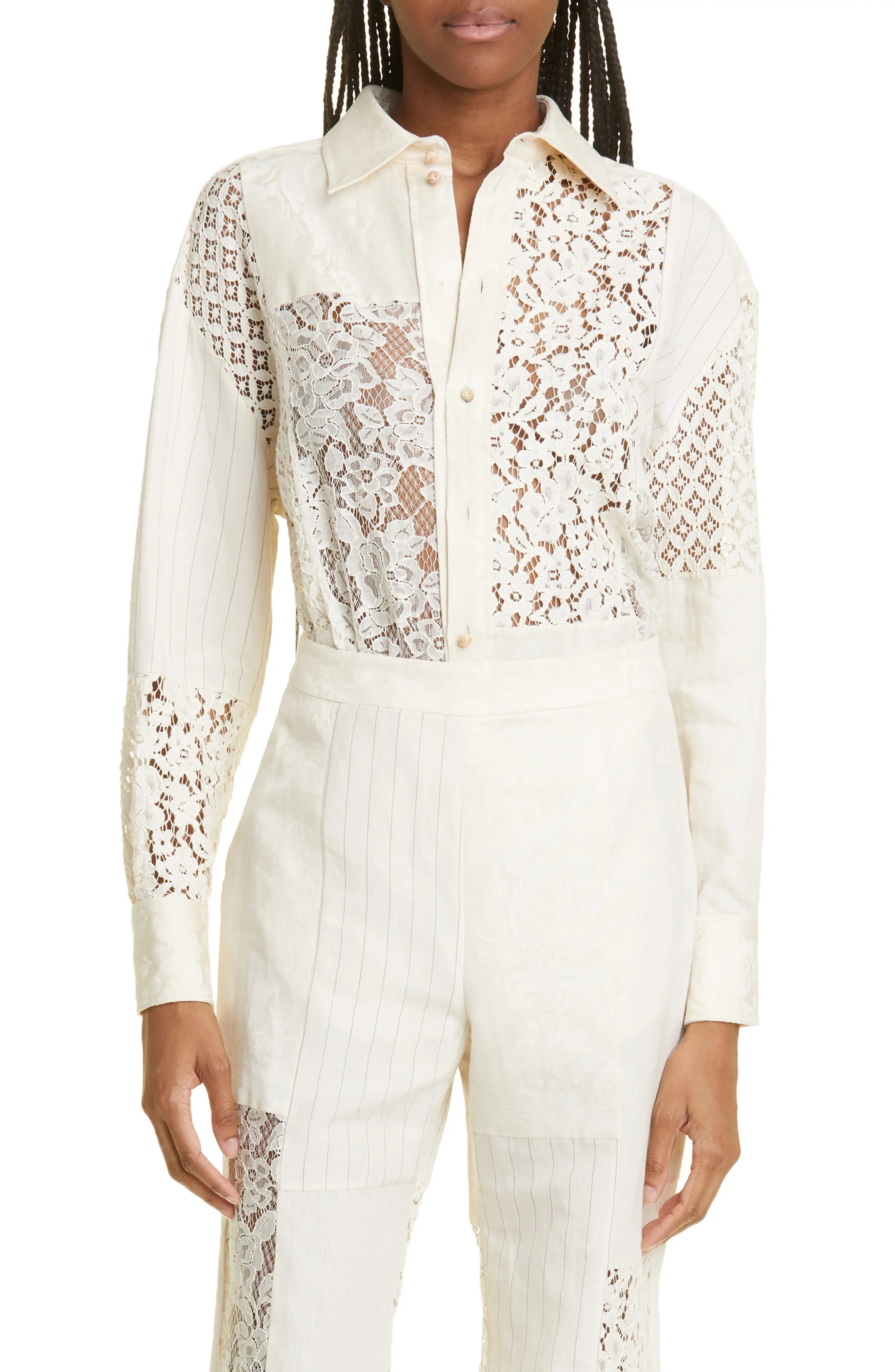 Zimmermann Lace Patchwork Cotton & Linen Button-Up Shirt Zimmermann Lace Patchwork Cotton & Linen Button-Up Shirt