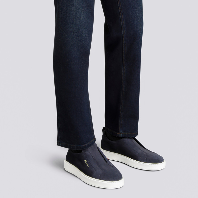 Santoni Men's blue suede slip-on sneaker outlook