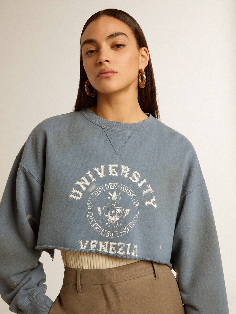 Cropped sweatshirt in baby blue with distressed finish 5