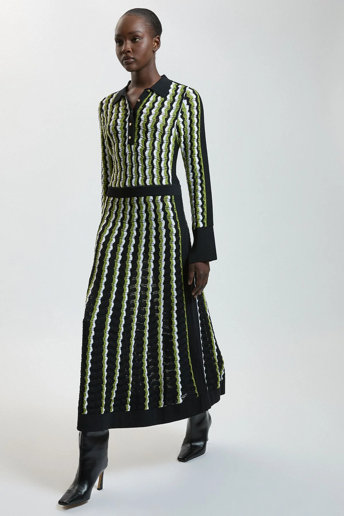 Knit Pointelle Contrast Collared Midi Dress - 1