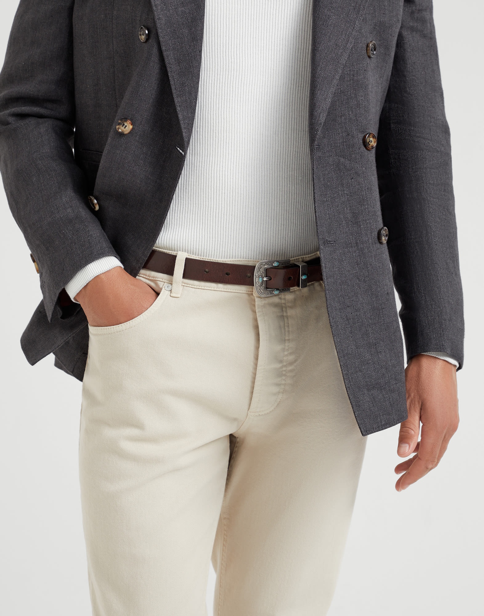 Garment-dyed comfort lightweight denim traditional fit five-pocket trousers - 3