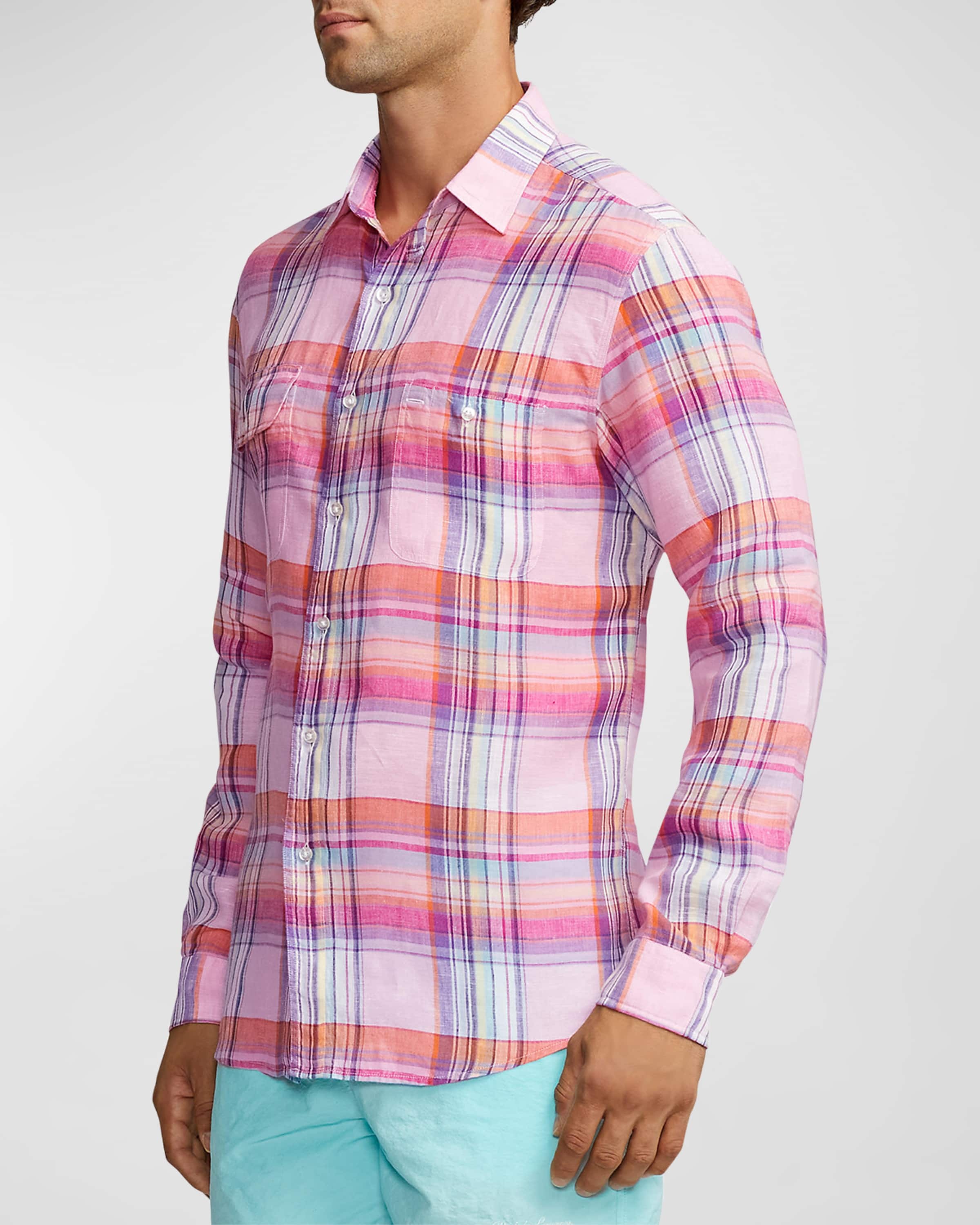 Men's Cassis Plaid Linen Button-Down Shirt - 4