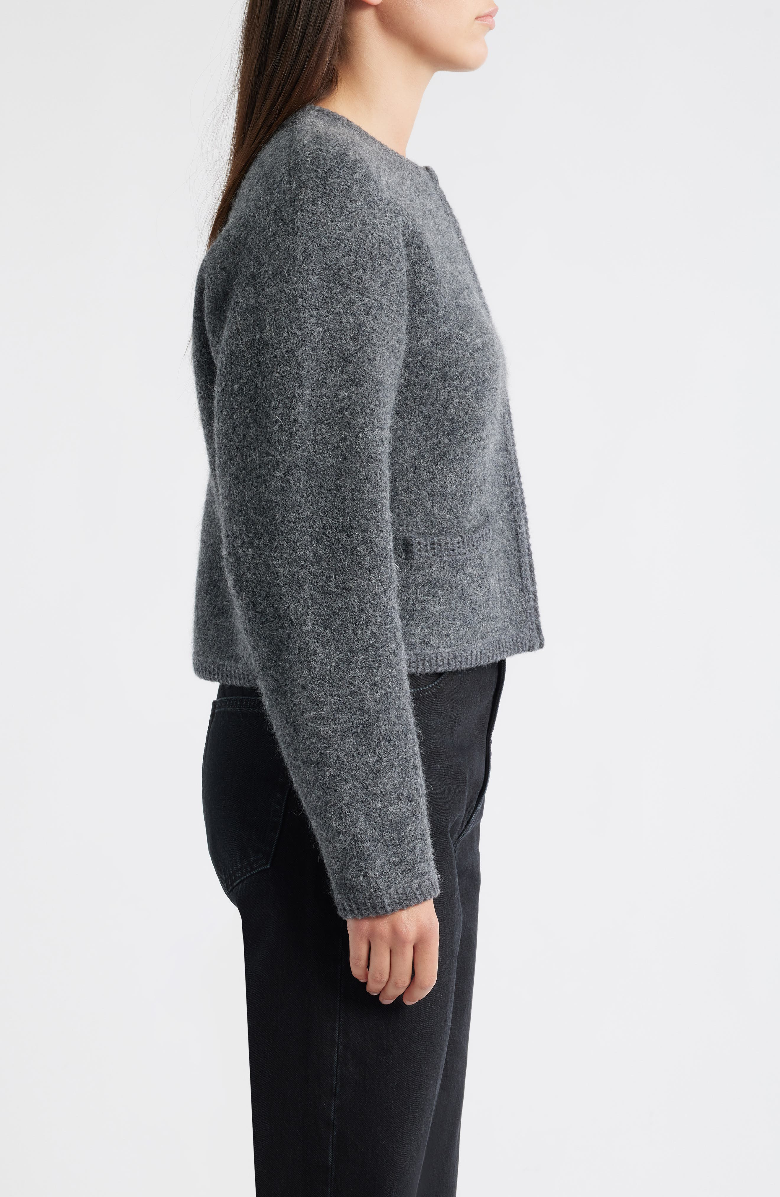 FRAME Lofty Crochet Detail Wool & Cashmere Zip Cardigan in Dark Heather Grey at Nordstrom - 3