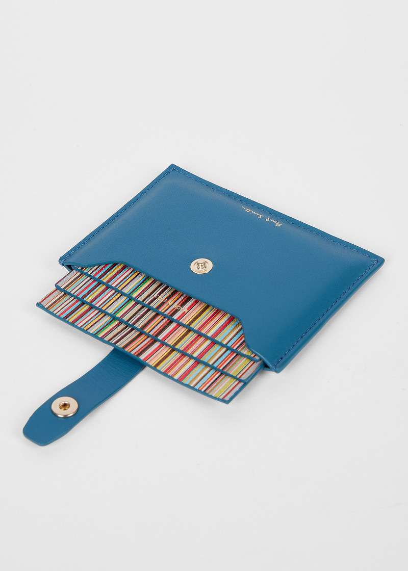 Blue Leather Credit Card Holder With 'Signature Stripe' Pull Out 4