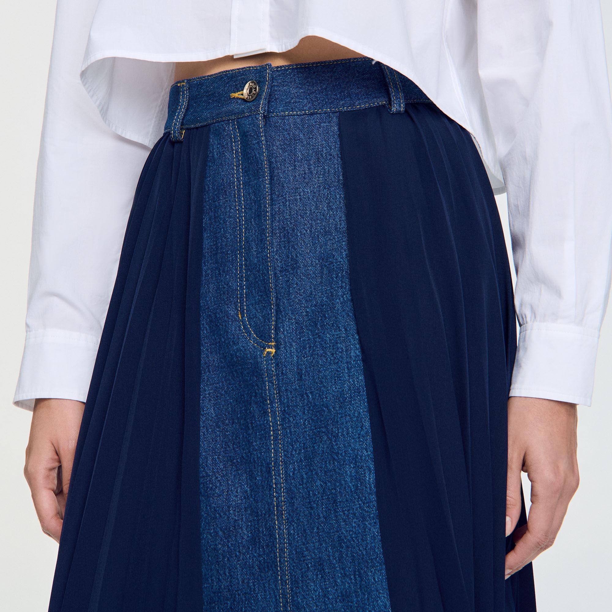 DUAL-MATERIAL DENIM PLEATED SKIRT - 4