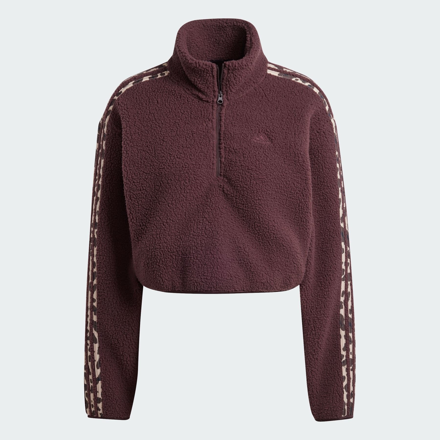 Essentials 3-Stripes Animal Print High Pile Cropped 1/4 Zip Top - 1