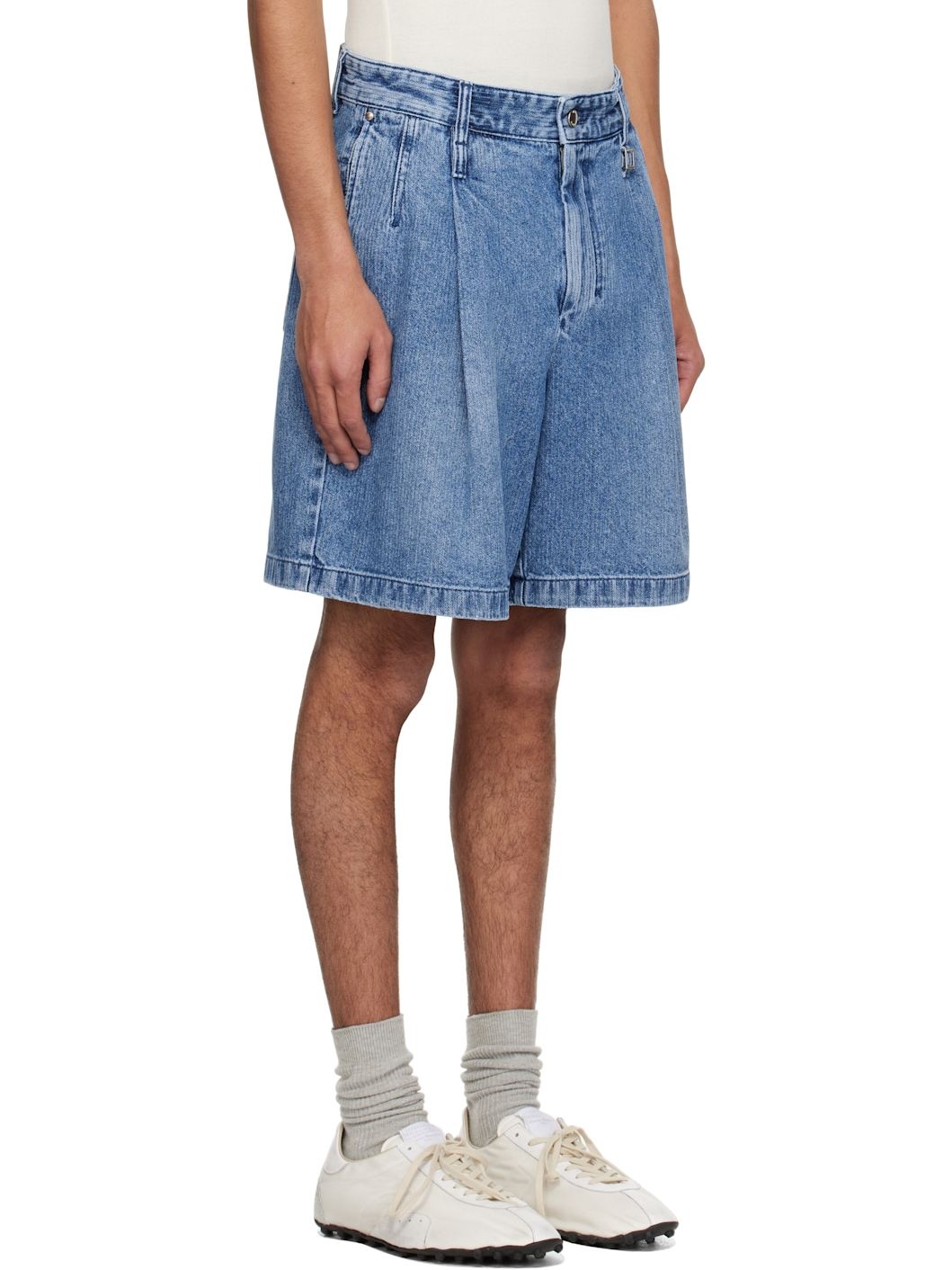 Blue One-Tuck Washed Corduroy Denim Shorts - 2