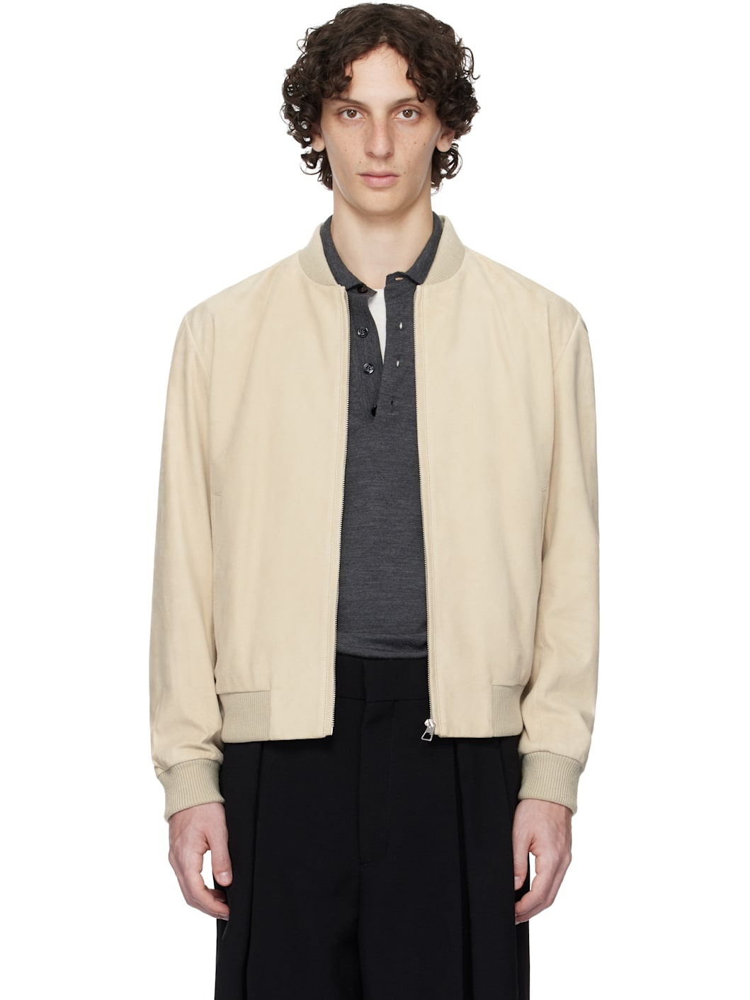 Beige BECKHAM Edition Regular-Fit Suede Bomber Jacket - 1