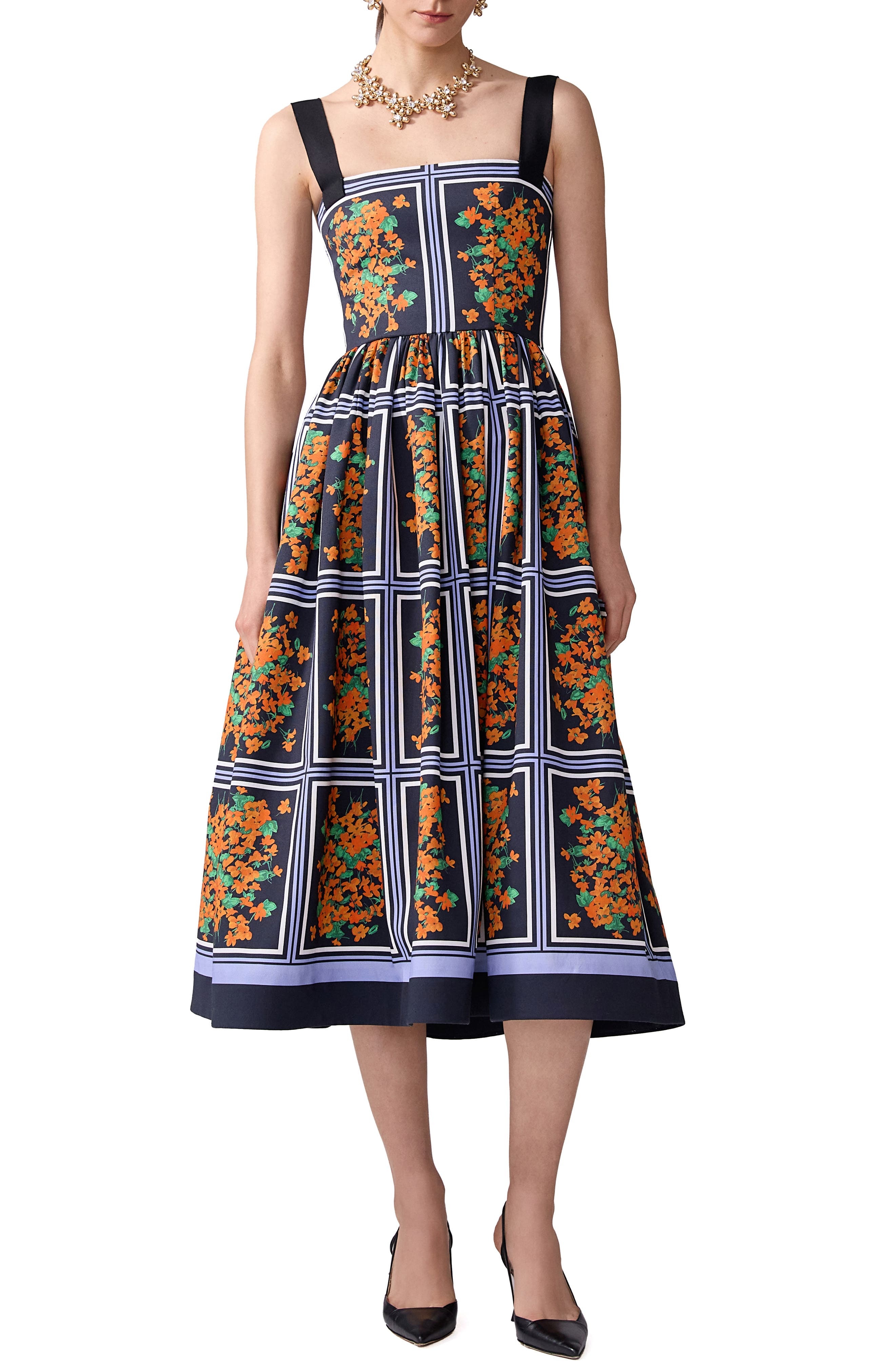 Carolina Herrera Thick Strap Faille Midi Dress in Black Multi at Nordstrom - 5