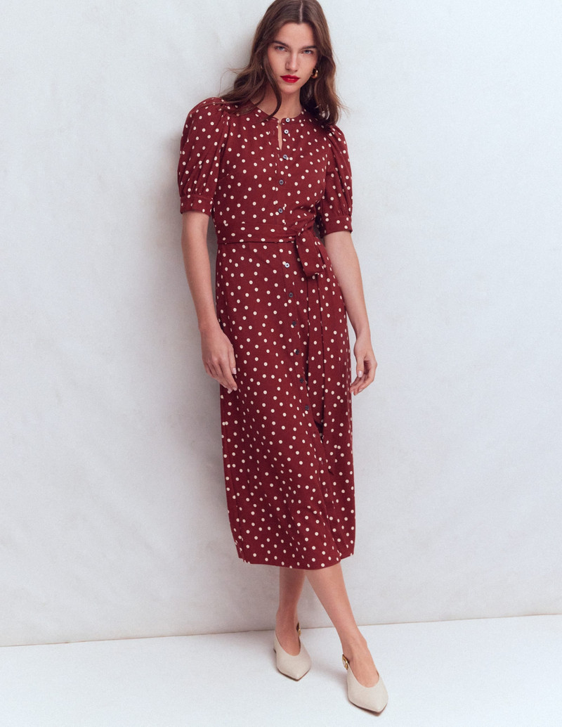 Puff Sleeve Ponte Shirt Dress-Red Pear, Painted Dot 5