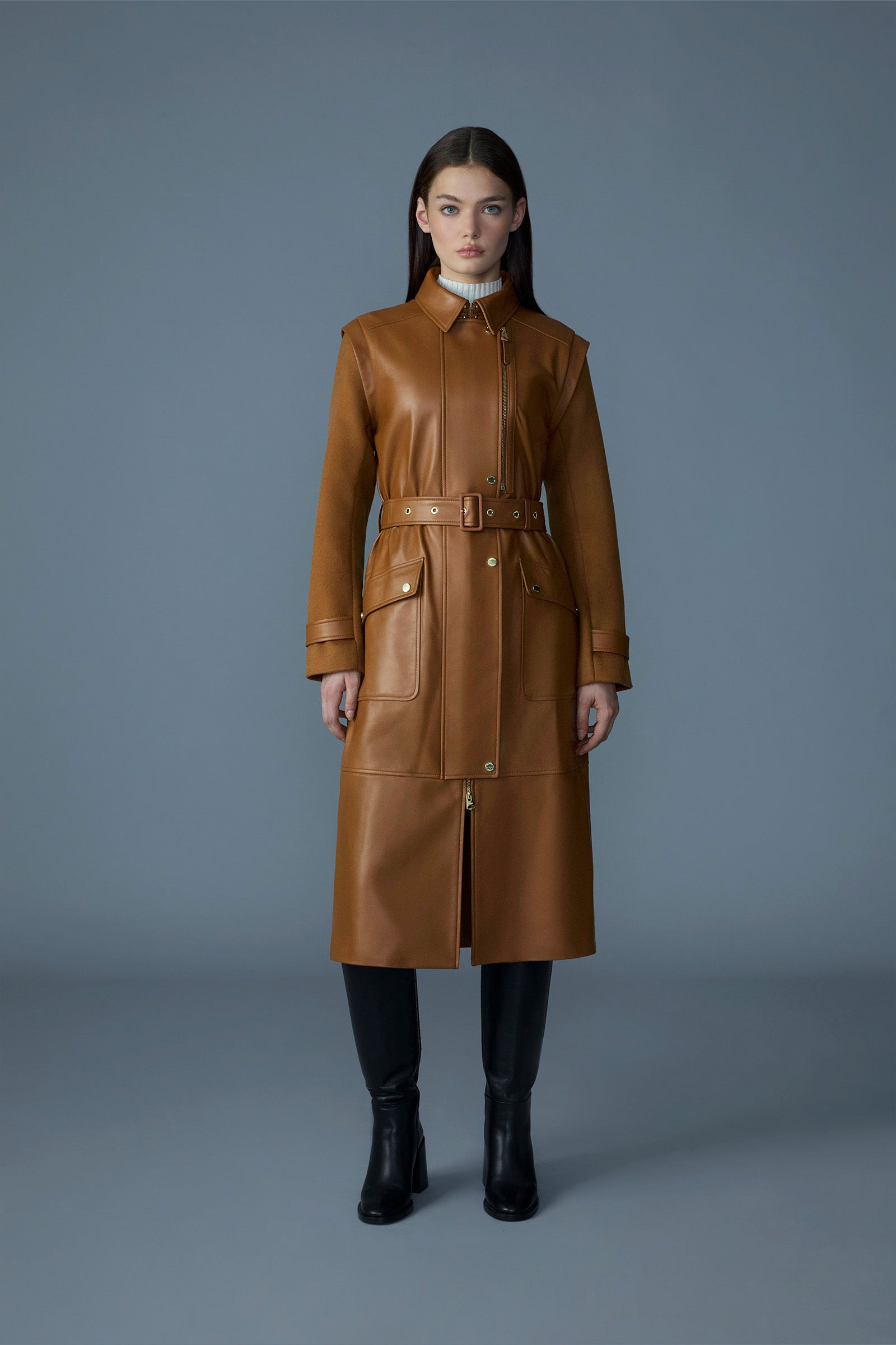 EVELINA 2-in-1 long Lamb Leather Coat with Removable Sleeves - 3