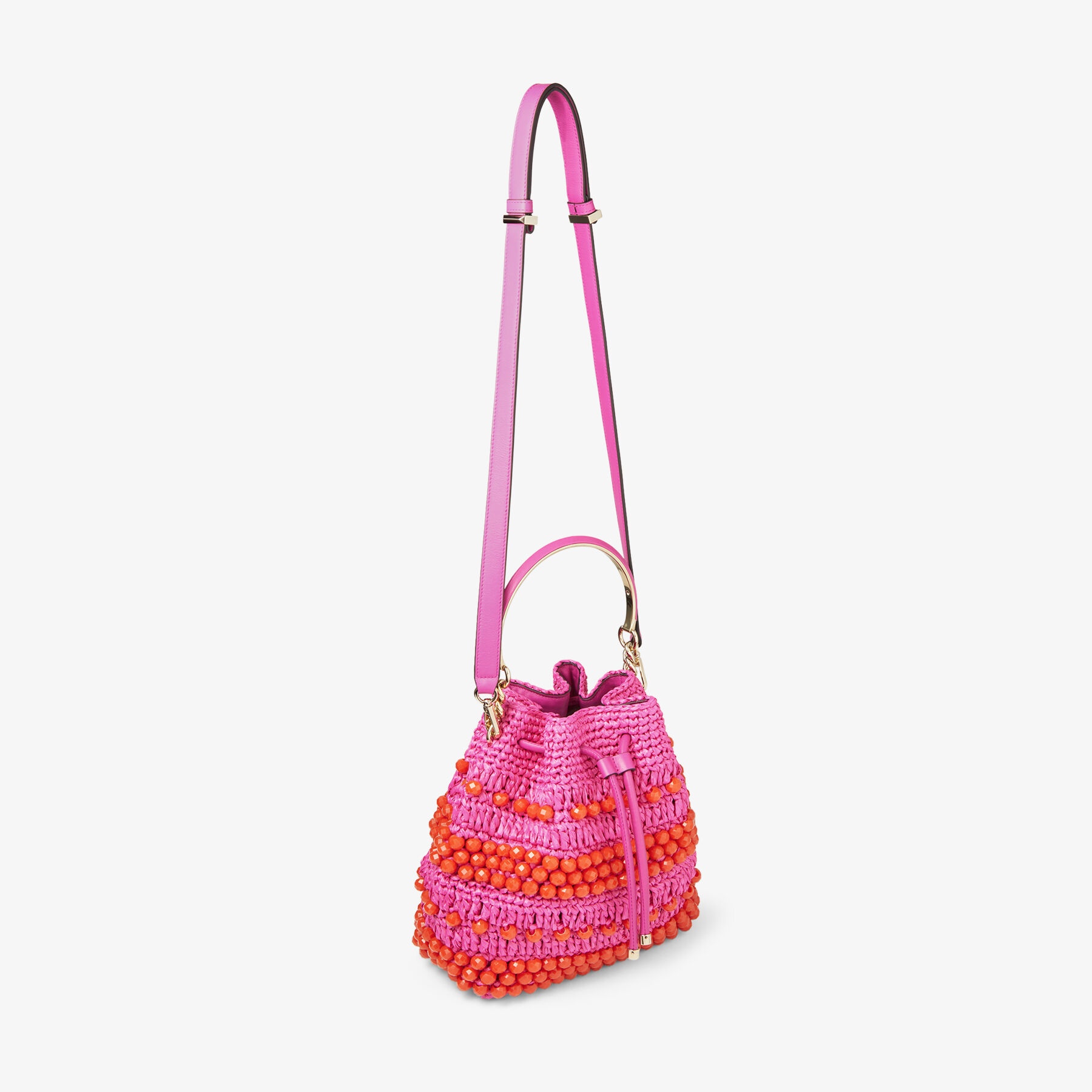 Bon Bon Bucket
Fuchsia Beaded Raffia and Smooth Leather Tote Bag - 6
