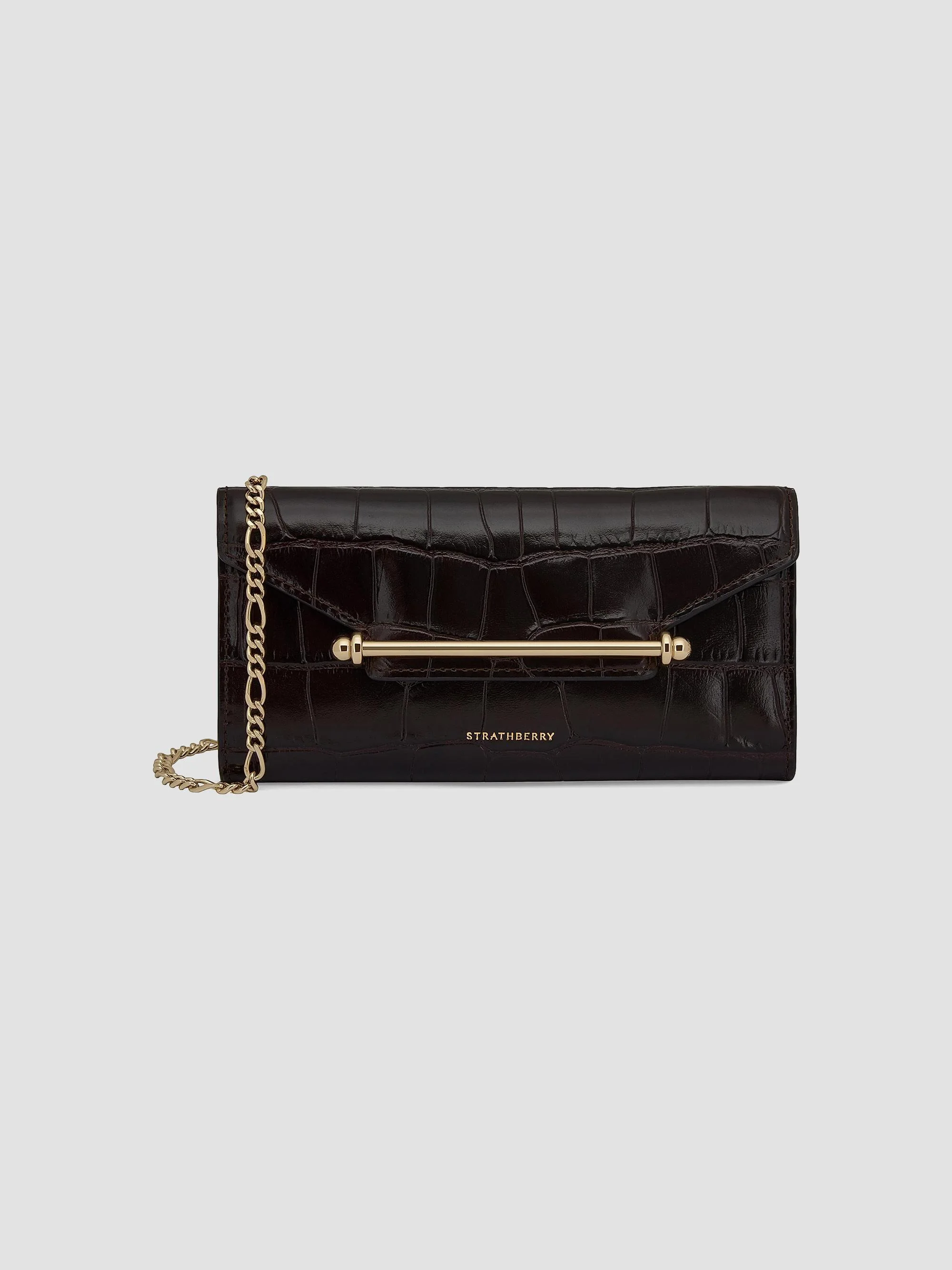 Women's Multrees Large Croc-Embossed Leather Convertible Wallet-On-Chain - Mahogany And Black - 1