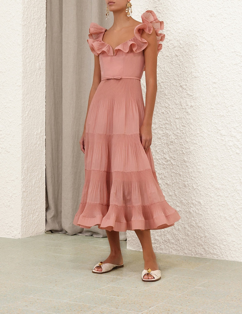 Zimmermann PLEATED FRILL MIDI DRESS - 2477DR25RLIP | REVERSIBLE