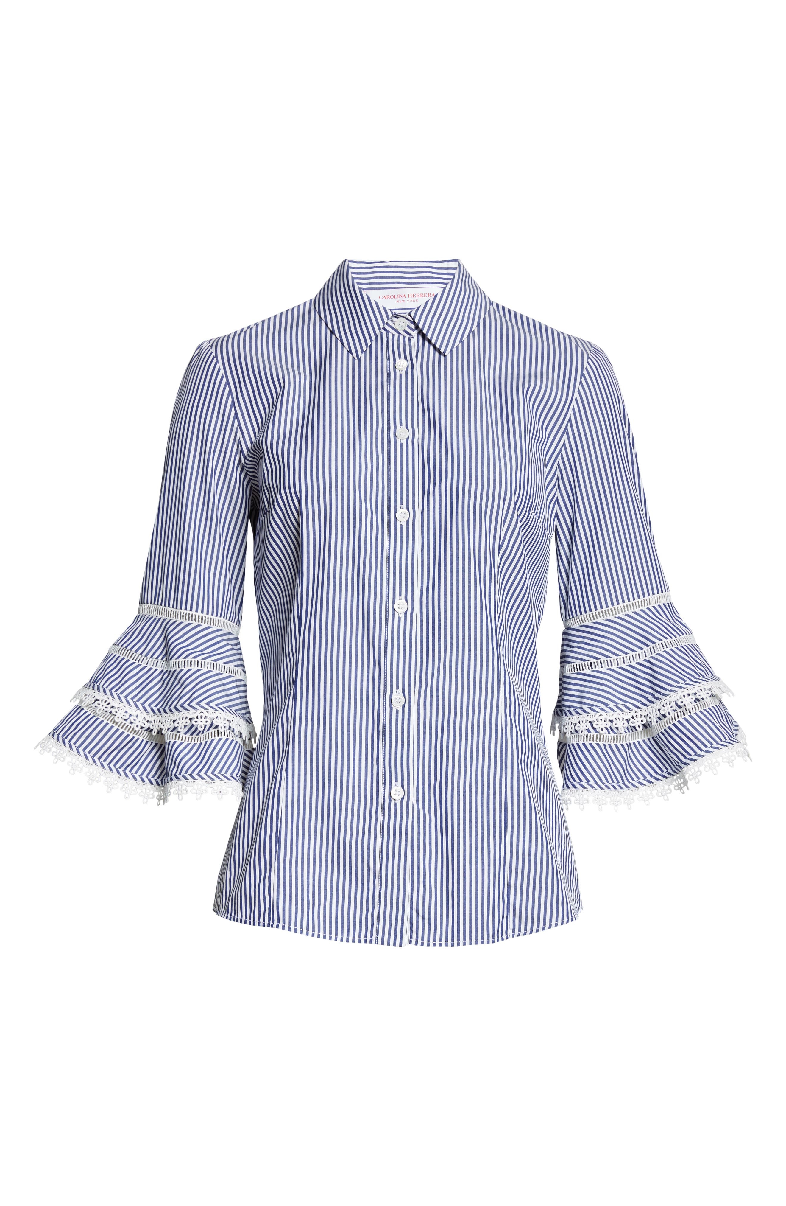 Carolina Herrera Stripe Tiered Ruffle Sleeve Belted Poplin Shirtdress in White/Blue at Nordstrom - 6
