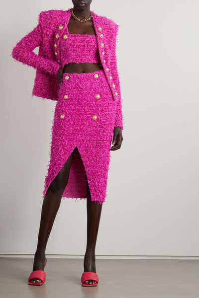 Balmain + Barbie embellished metallic bouclé-tweed skirt outlook