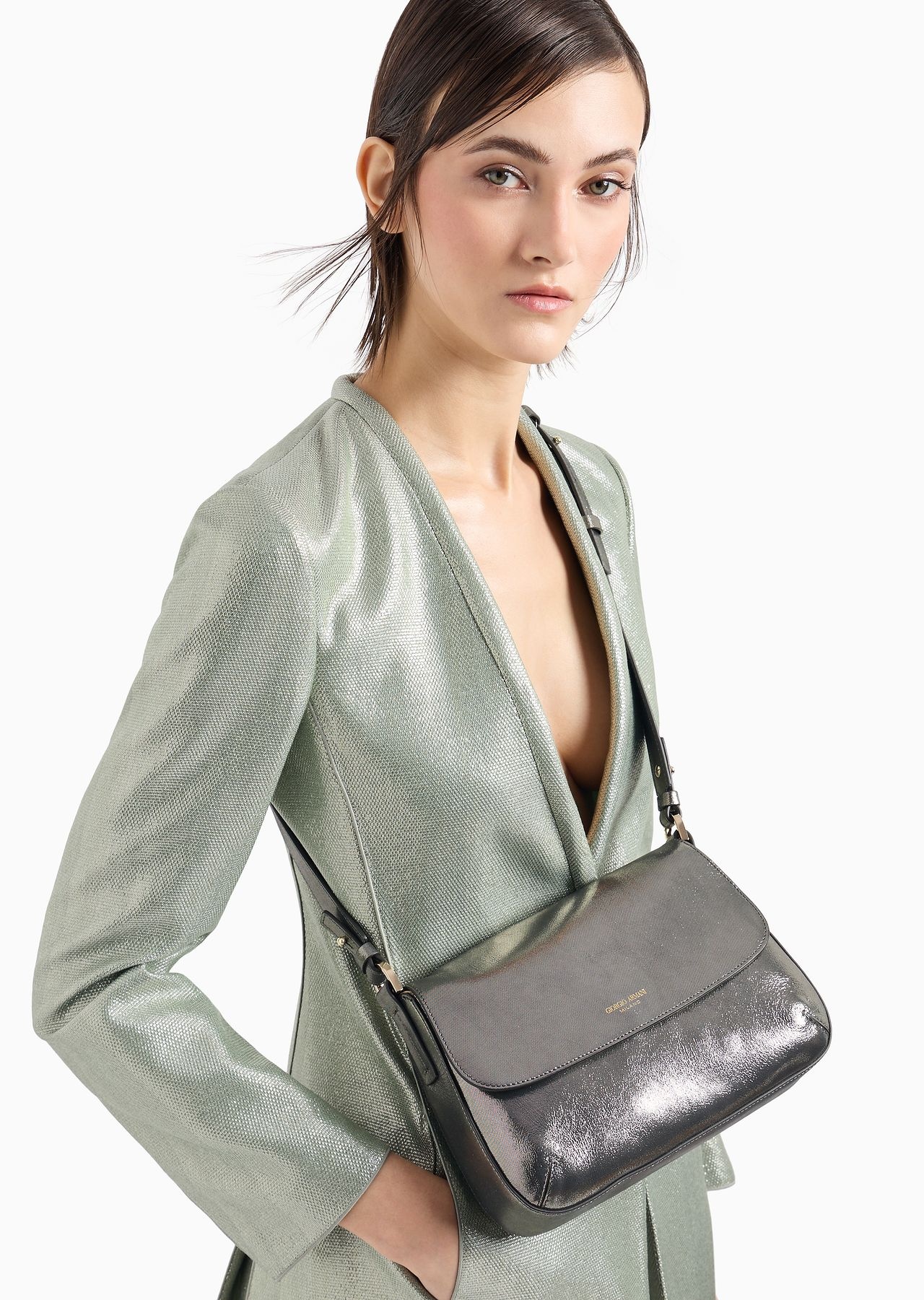 Shimmering nubuck small Baguette bag la Prima Soft - 7