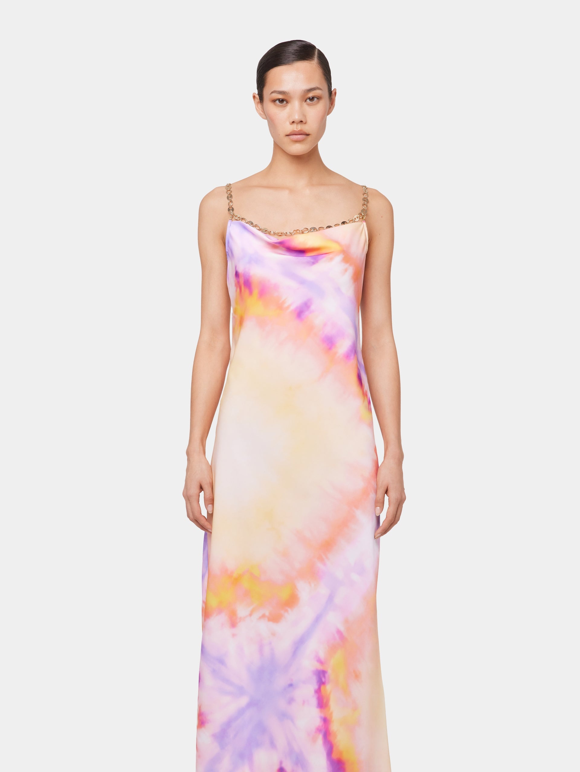 ORANGE TIE-DYE LONG DRESS IN PRINTED SATIN - 3