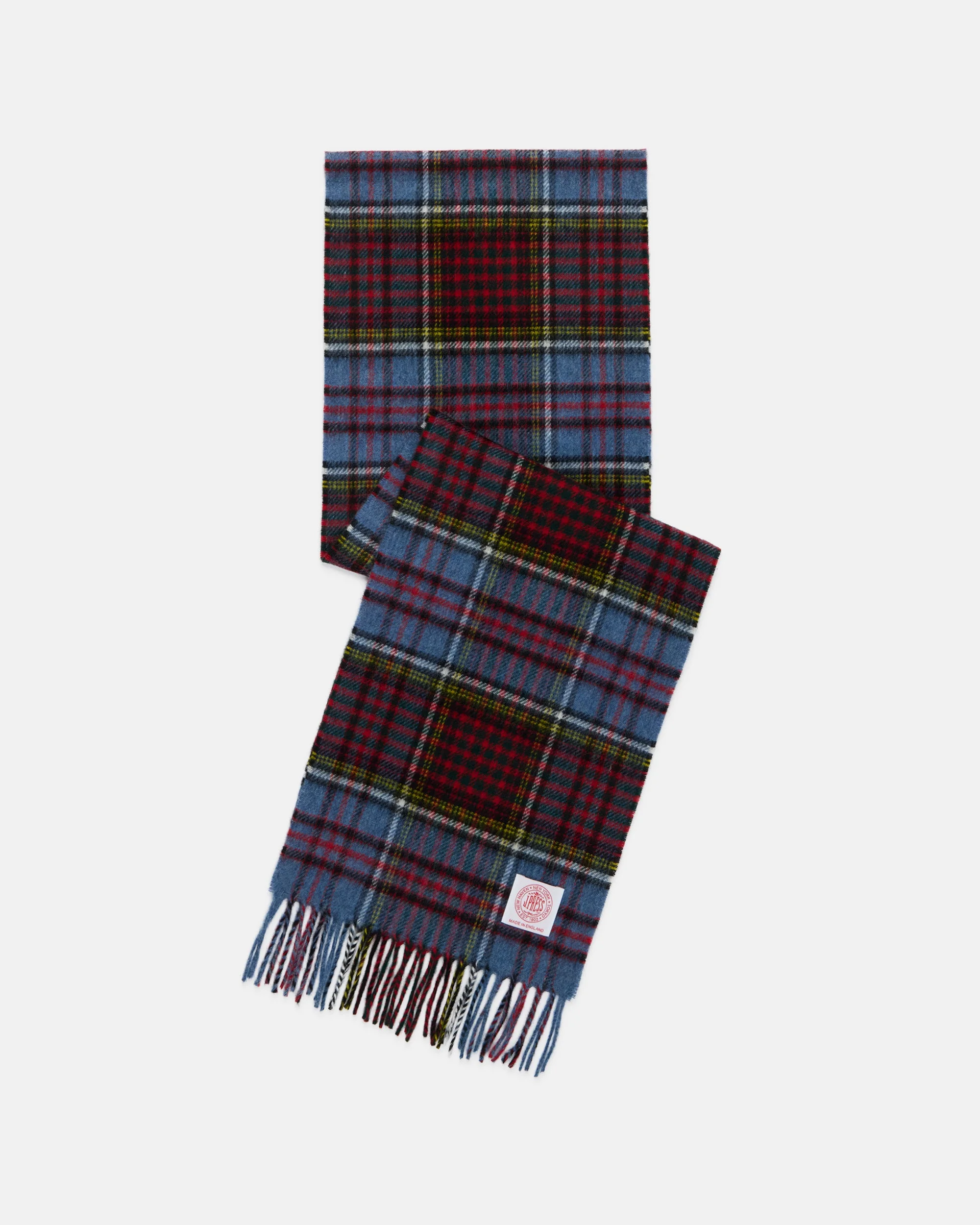 MADE-IN-ENGLAND BLUE VINTAGE STEWART TARTAN MERINO WOOL SCARF - 1